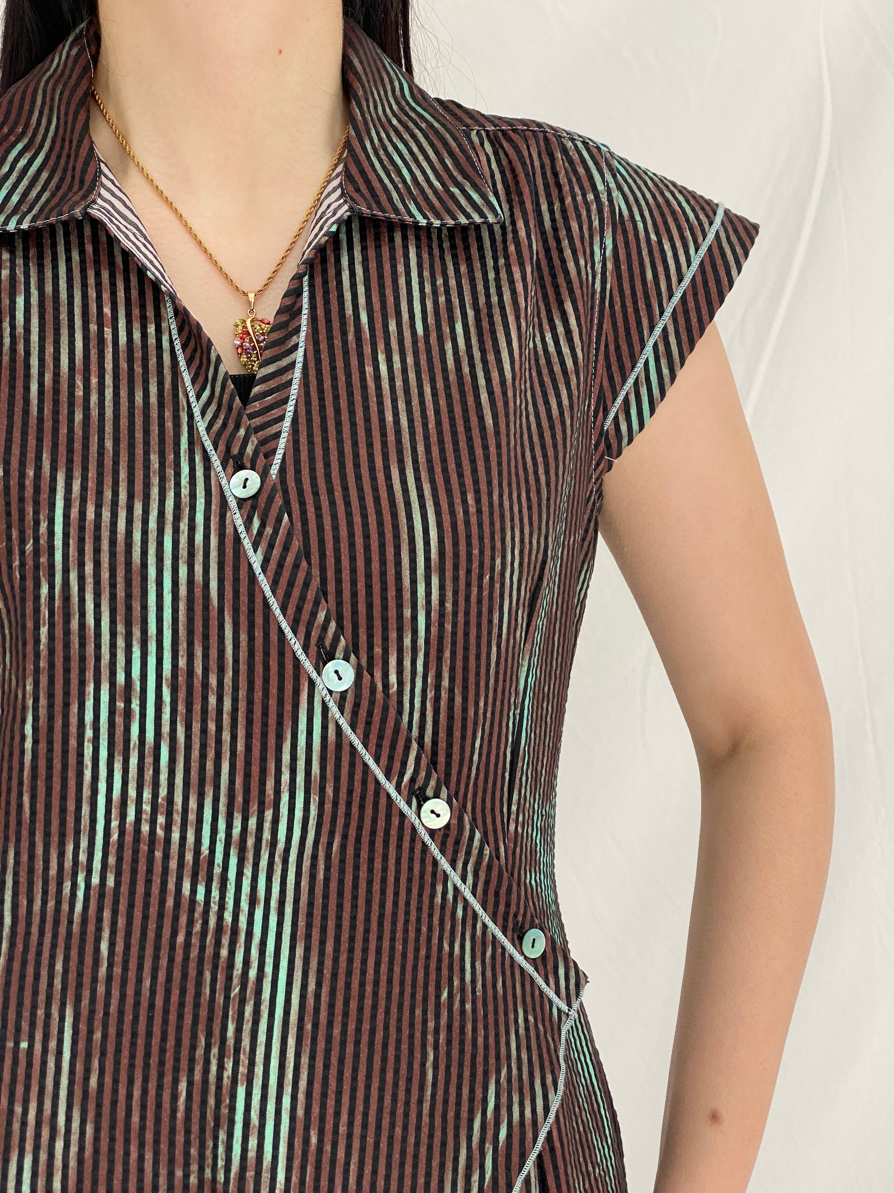 Vintage Y2K Quattro Asymmetrical Striped Wrap Cotton Blend Top with Contrast Stitching - S