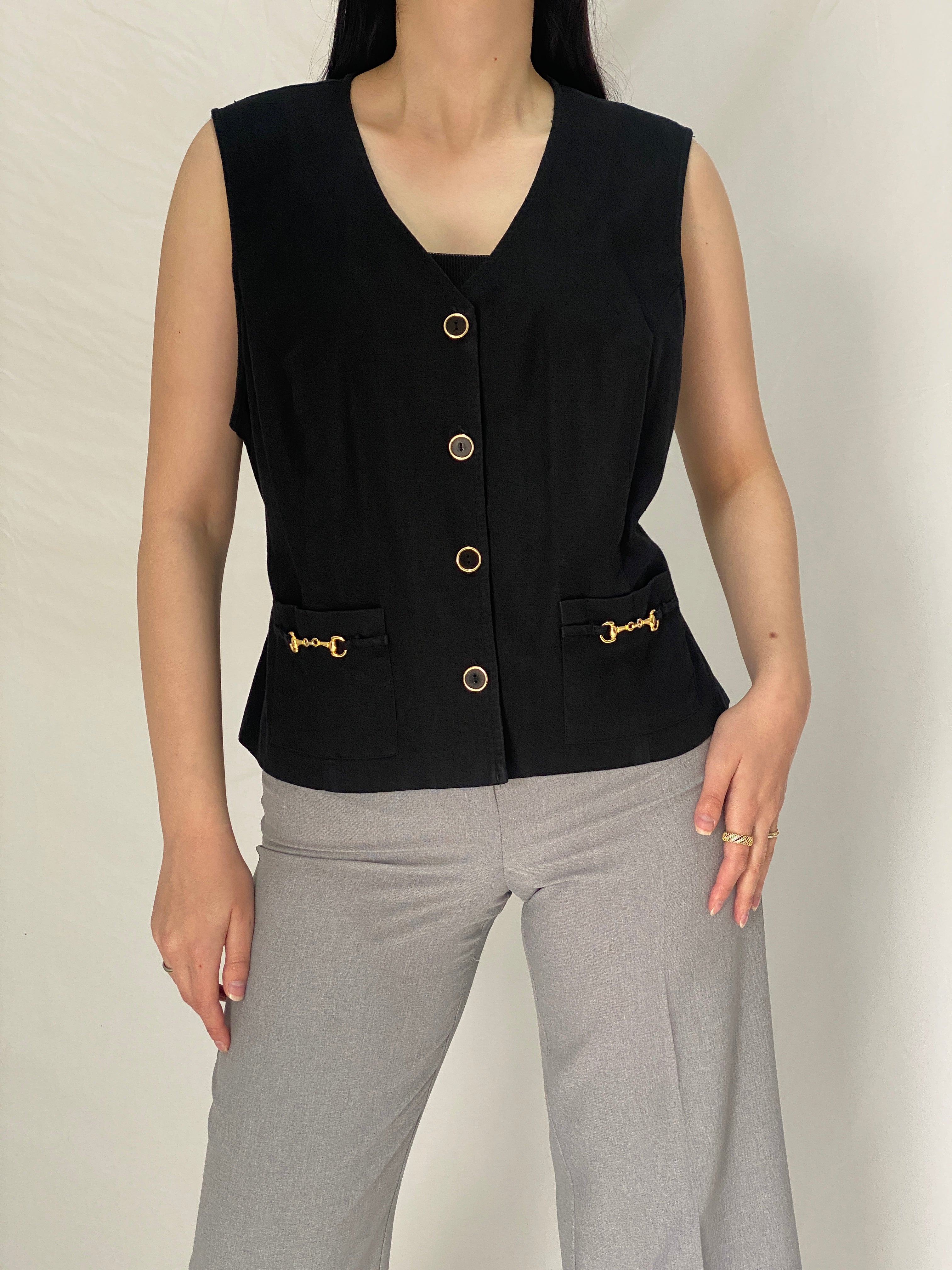 Vintage 1990s Robbie Bee Black Cotton Linen Blend Vest Gold Hardware Detail - XL