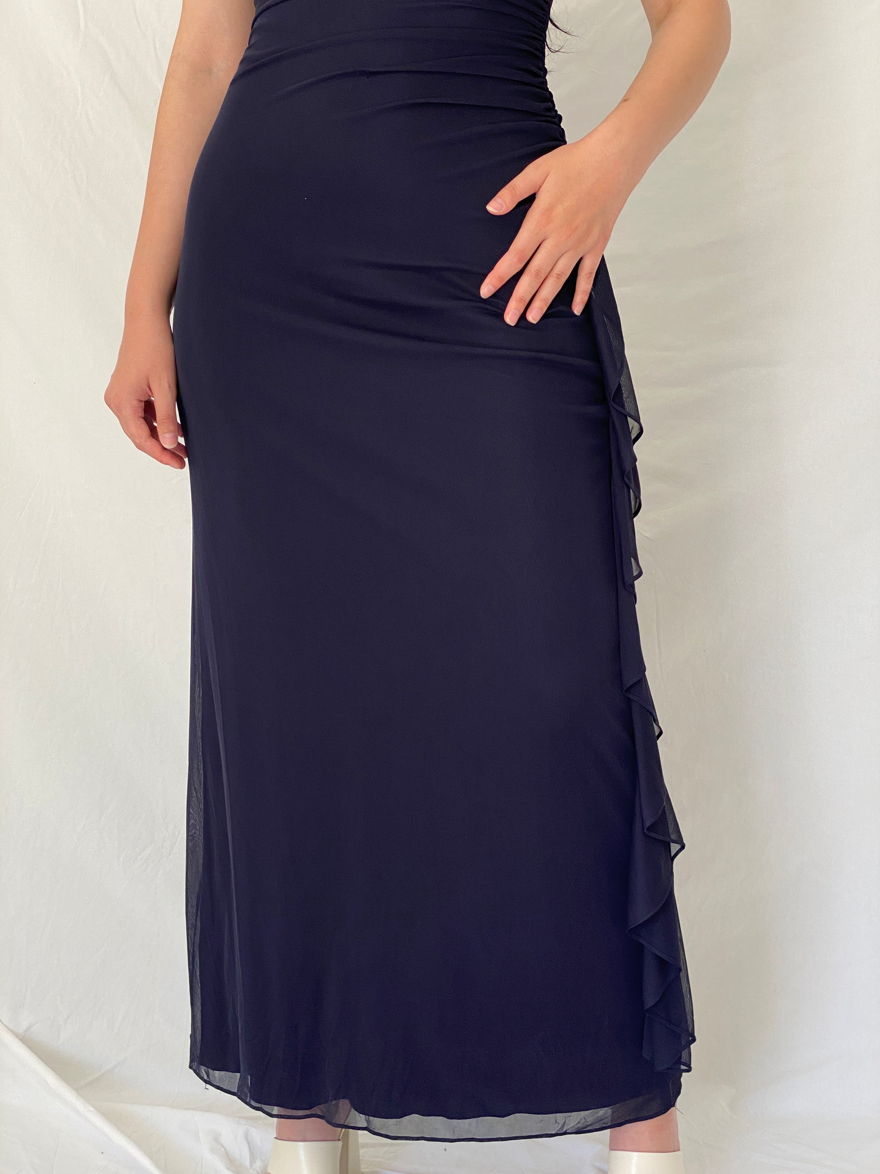 Vintage Y2K Blondie Nites by Stacy Sklar Navy Rhinestone Mesh Evening Gown - M