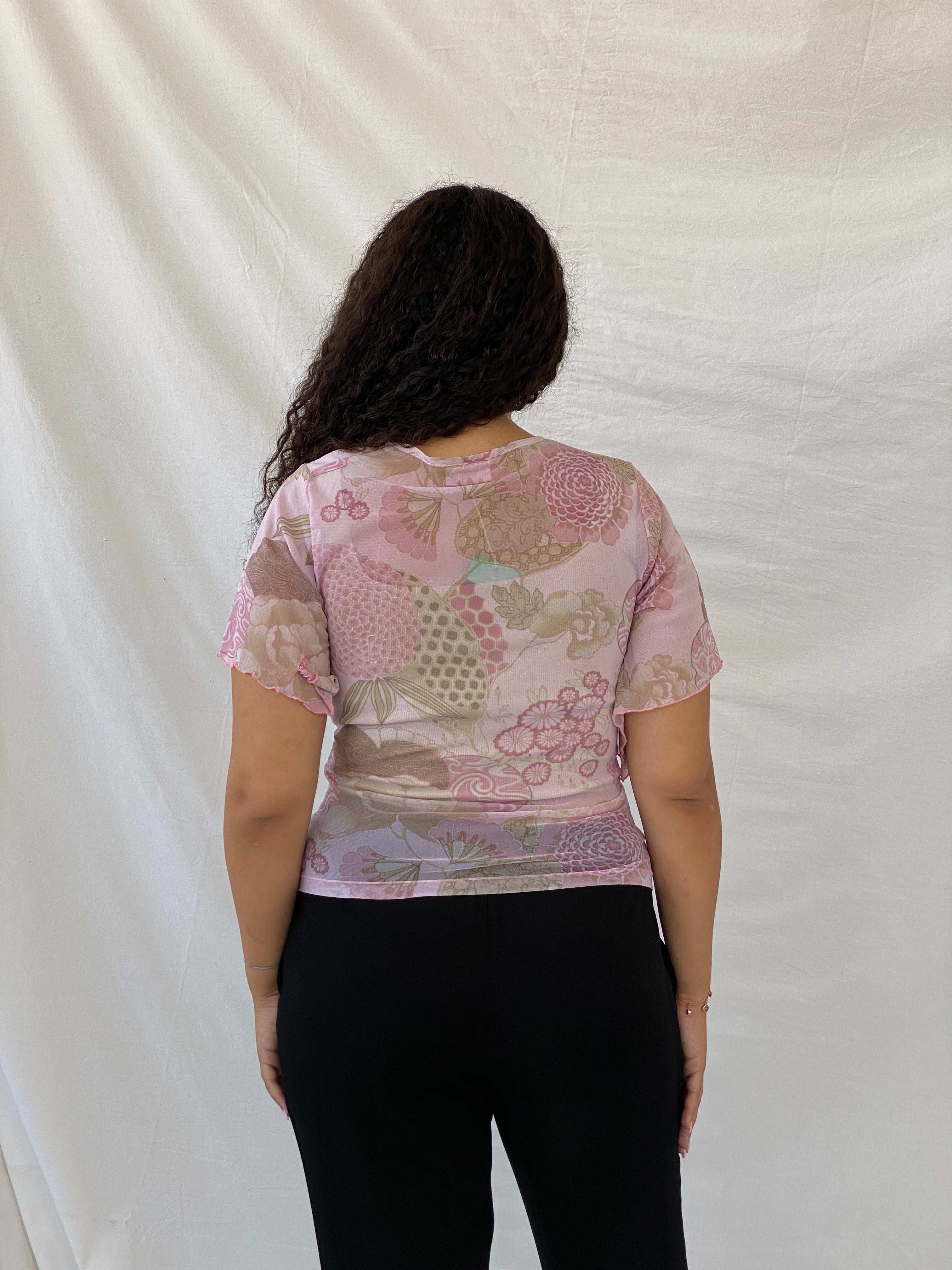 Y2K Wallis Floral Mesh Pink Half-Sleeve Top - L - Balagan Vintage Half Sleeve Top 00s, 90s, Dina, floral top, mesh, mesh top, NEW IN