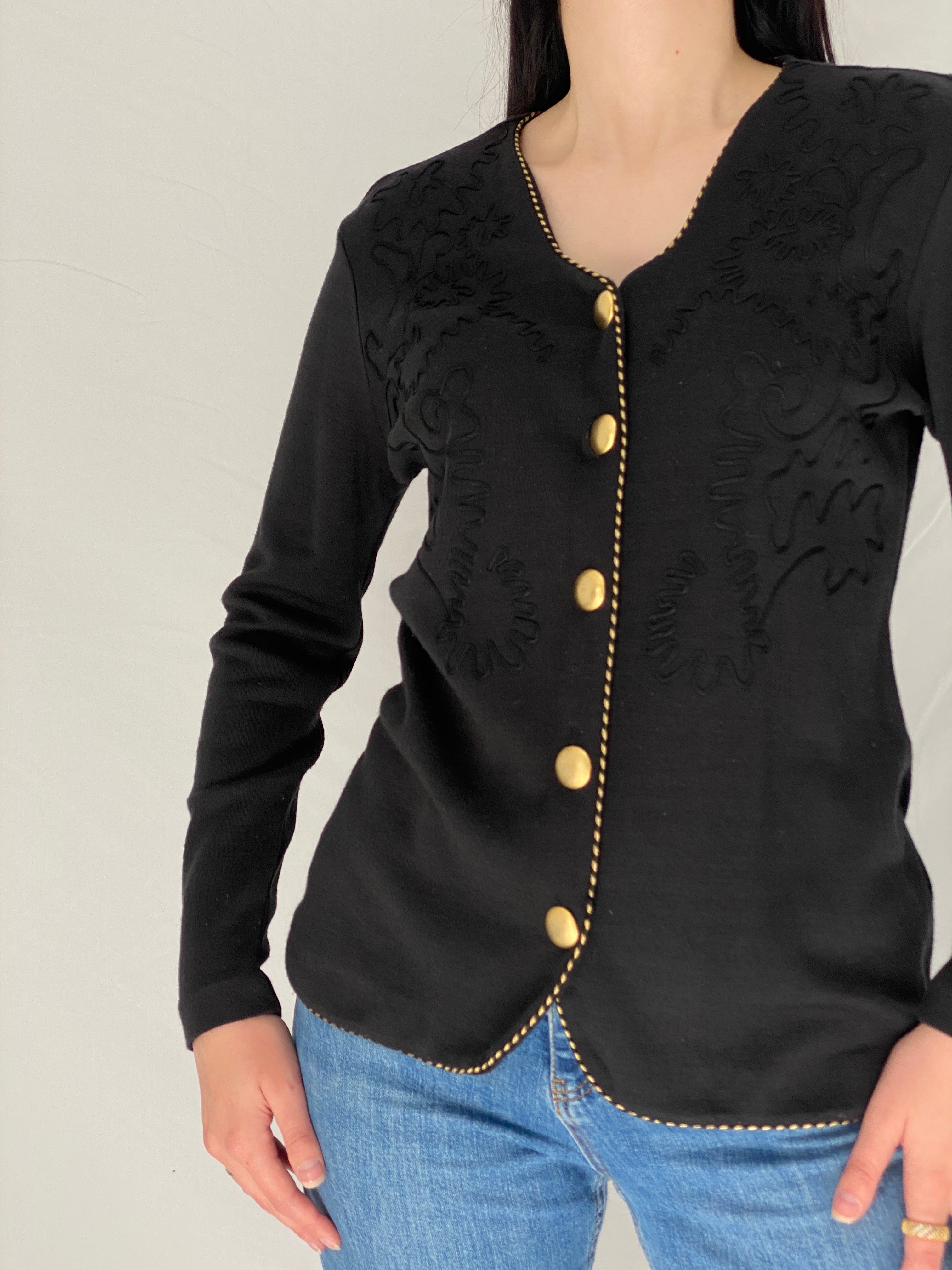 Vintage Liz Claiborne Embroidered Gold Button Black Cardigan - M