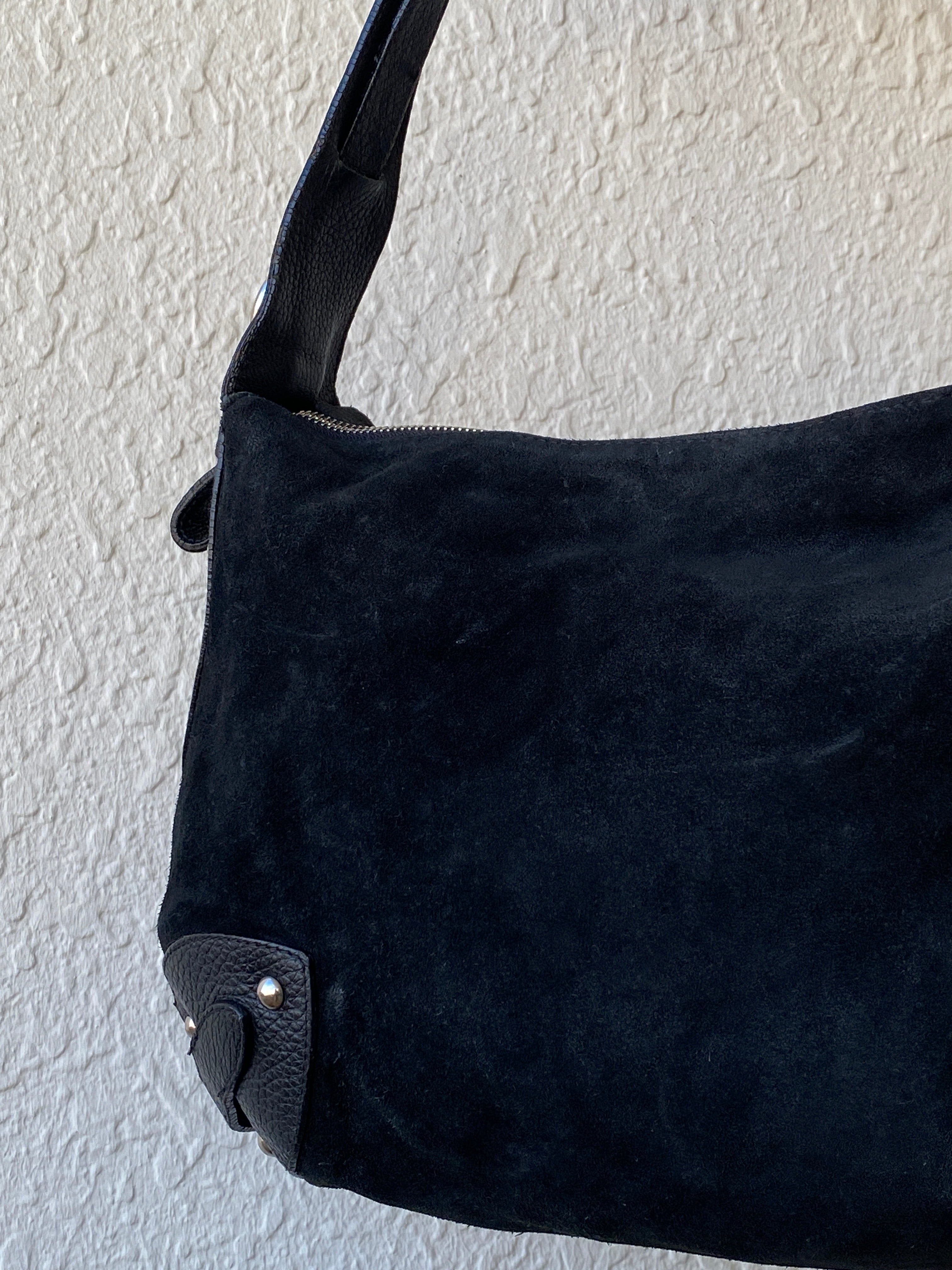 Vintage FURLA Genuine Suede Patent Leather Black Hobo Shoulder Bag