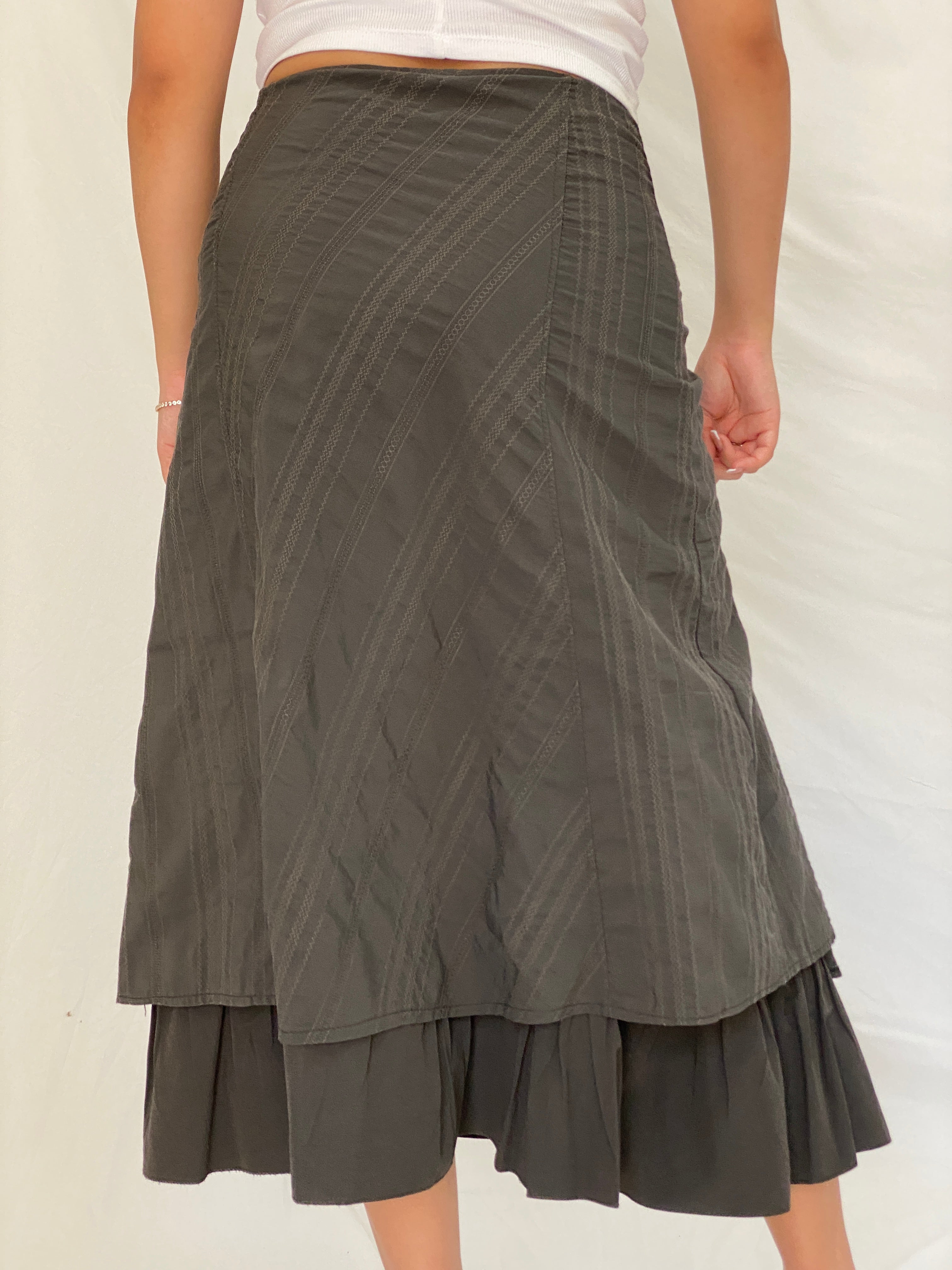 Y2K Whimsigoth Olive Green Ruched Layered Utility Midi Skirt – L