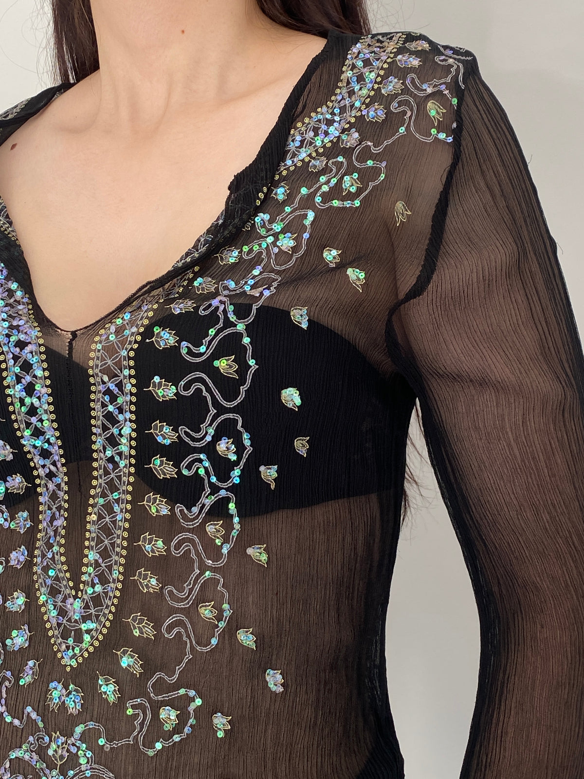 Vintage Venus Black Silk Sheer Sequin Embroidered Blouse – S