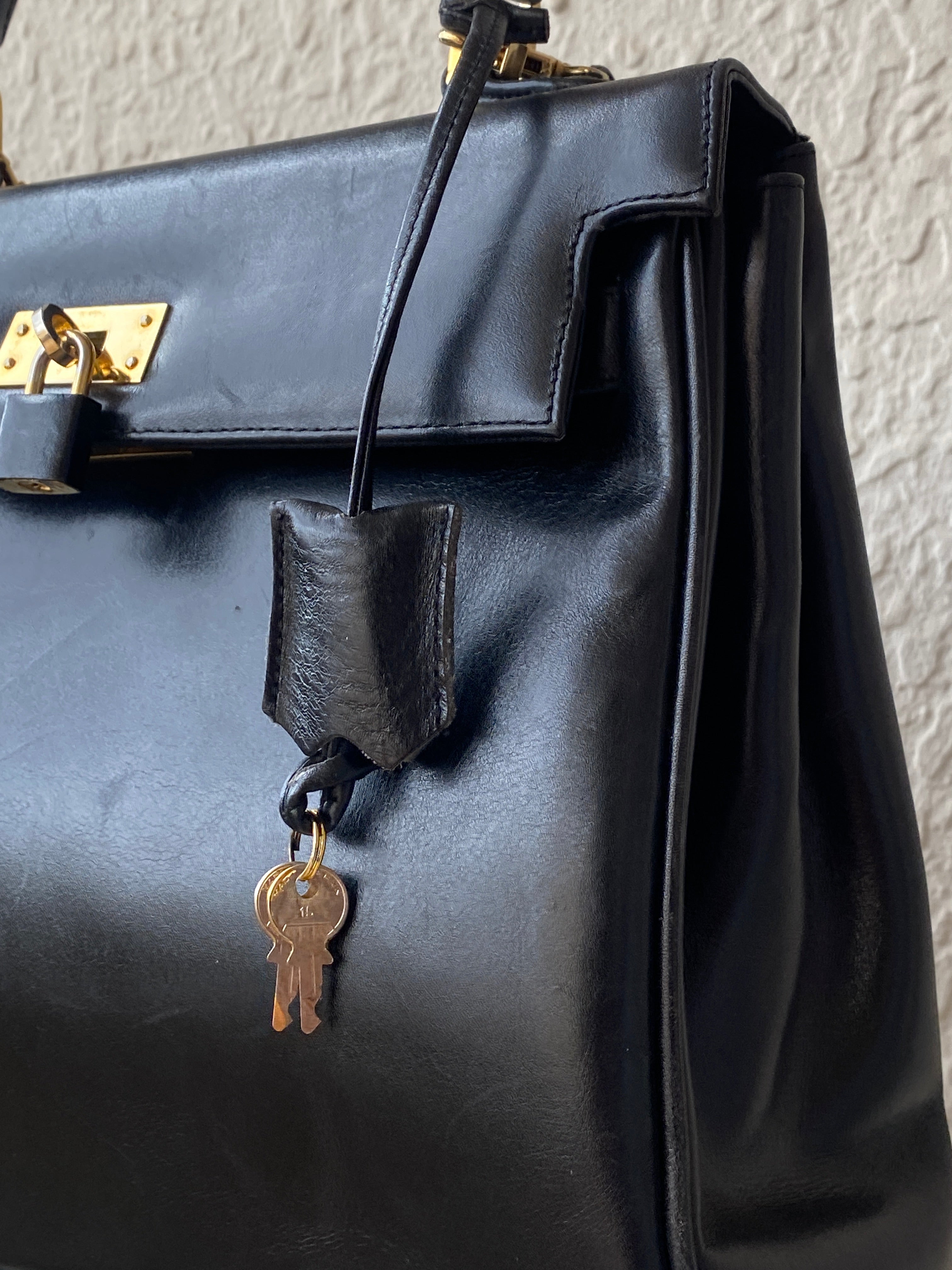 Vintage 1960s-1970s Susan Gail Structured Black Leather Kelly Bag Gold Turn Lock Top Handle