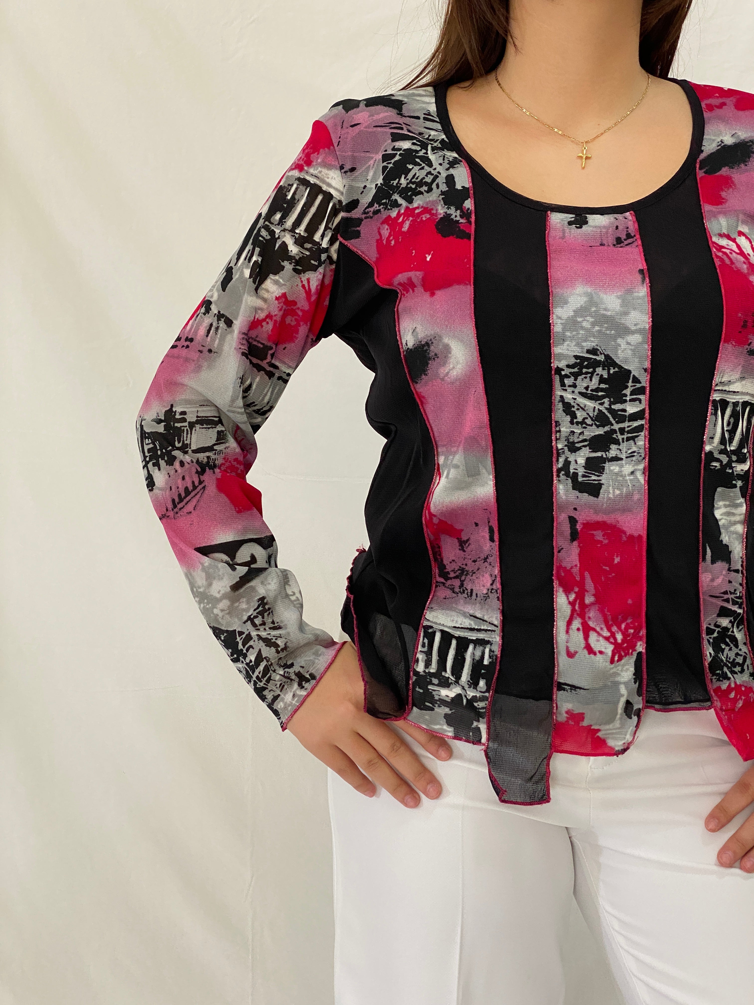 Vintage WARWICK JONES Black & Pink Striped Graphic Mesh Top - L