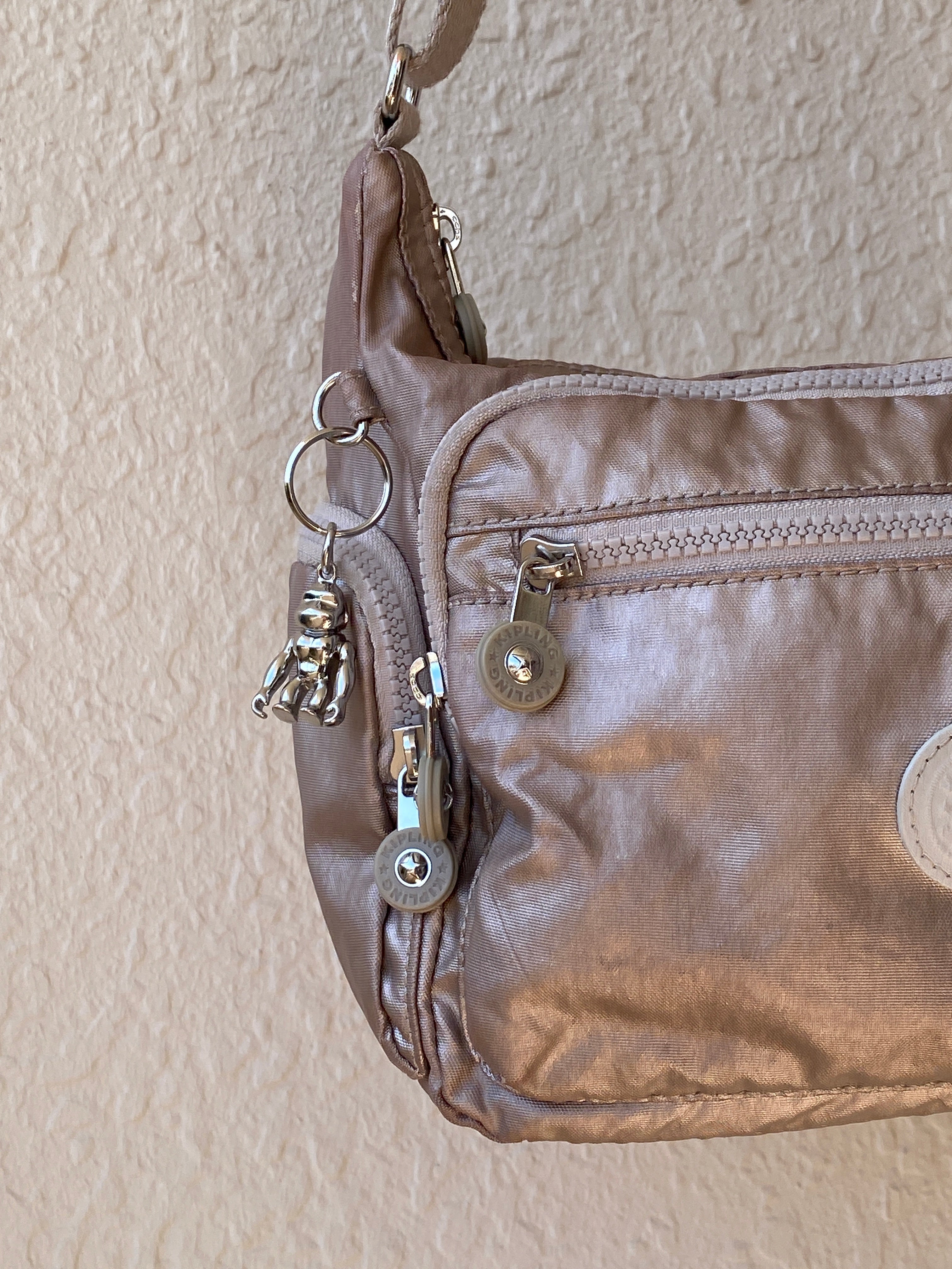 Y2K Kipling Metallic Taupe Nylon Multi-Pocket Crossbody Bag with Monkey Charm