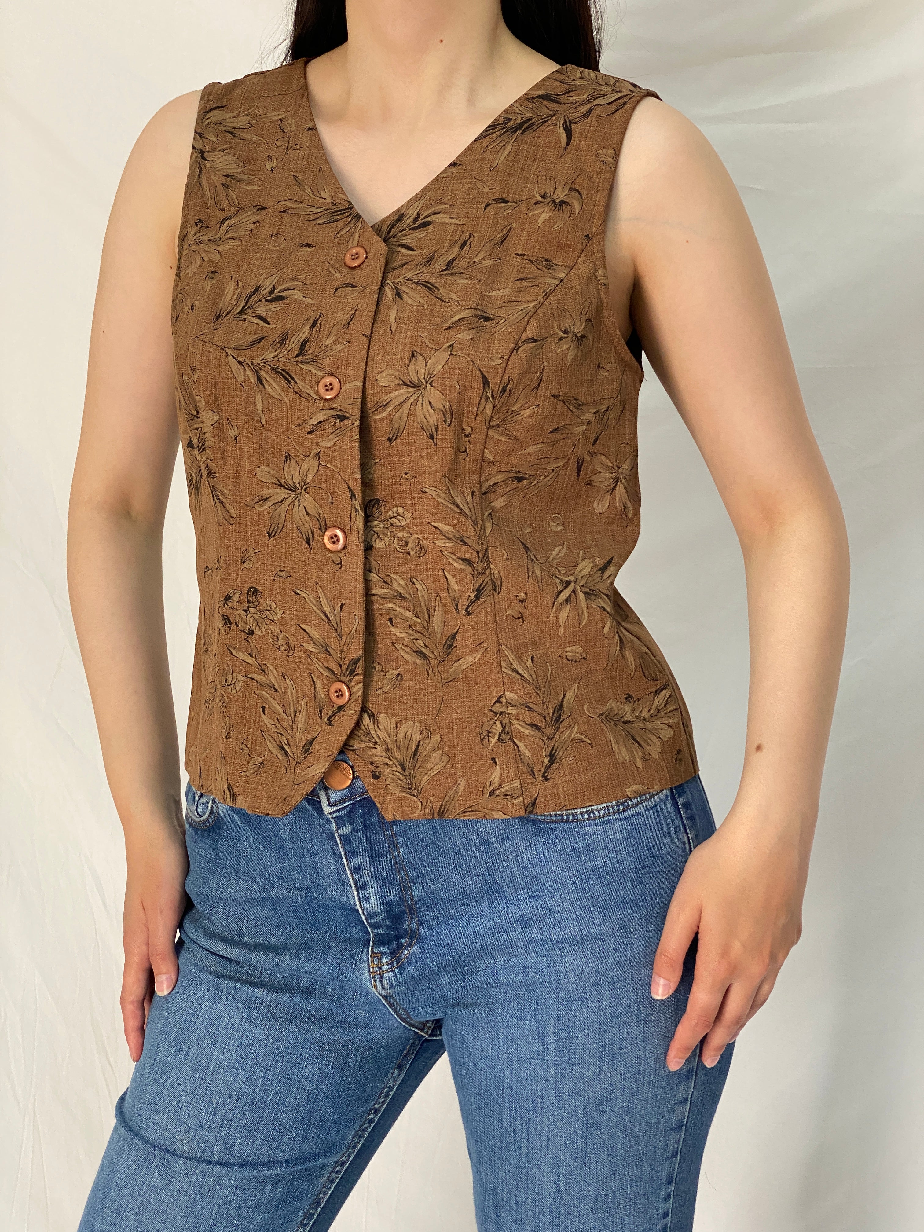 Vintage 90s SAG HARBOR Brown Floral Sleeveless Top Cottagecore Vest – L