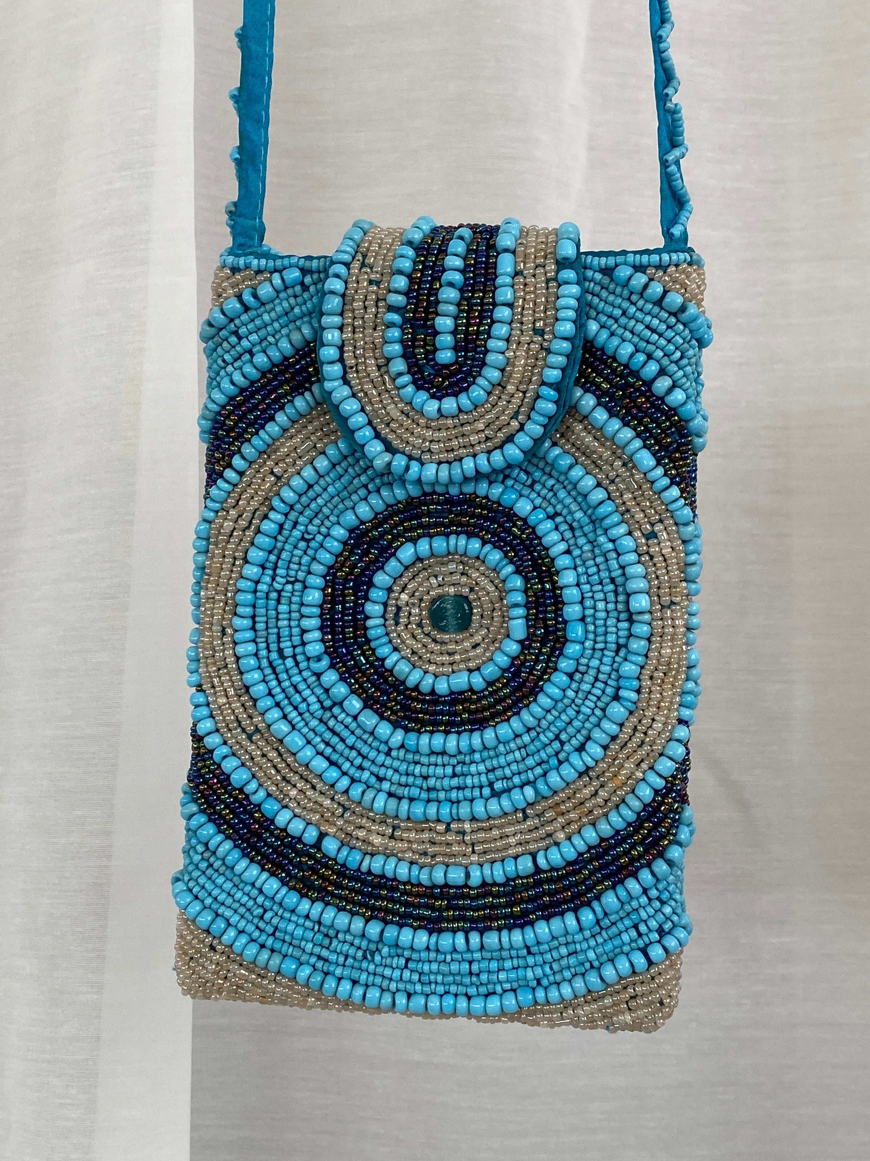 Blue Beaded Crossbody Bag Phone Holder