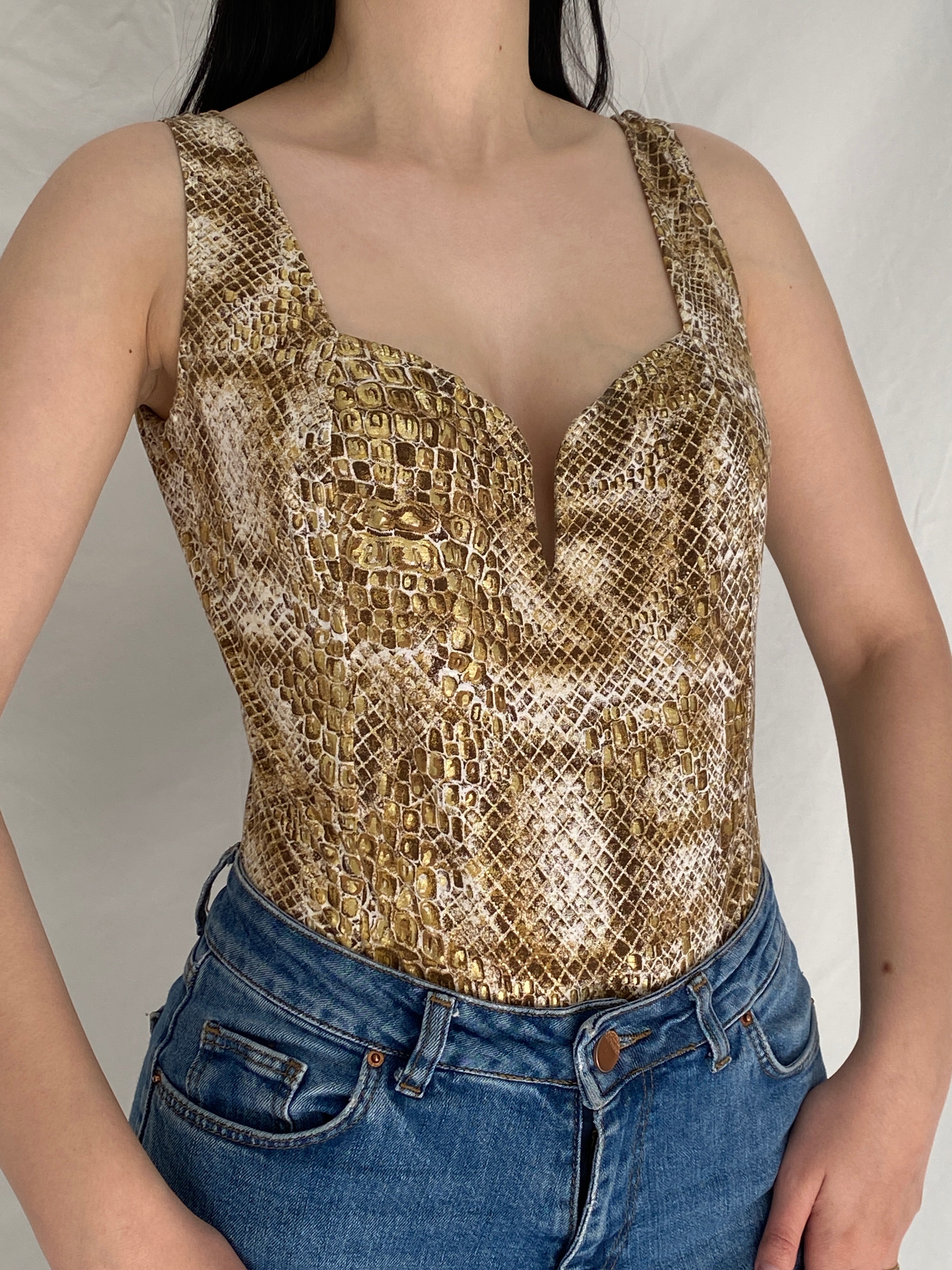 Vintage Y2K Michel Adam Gold Brown Snake Print Low Back Bodysuit - M