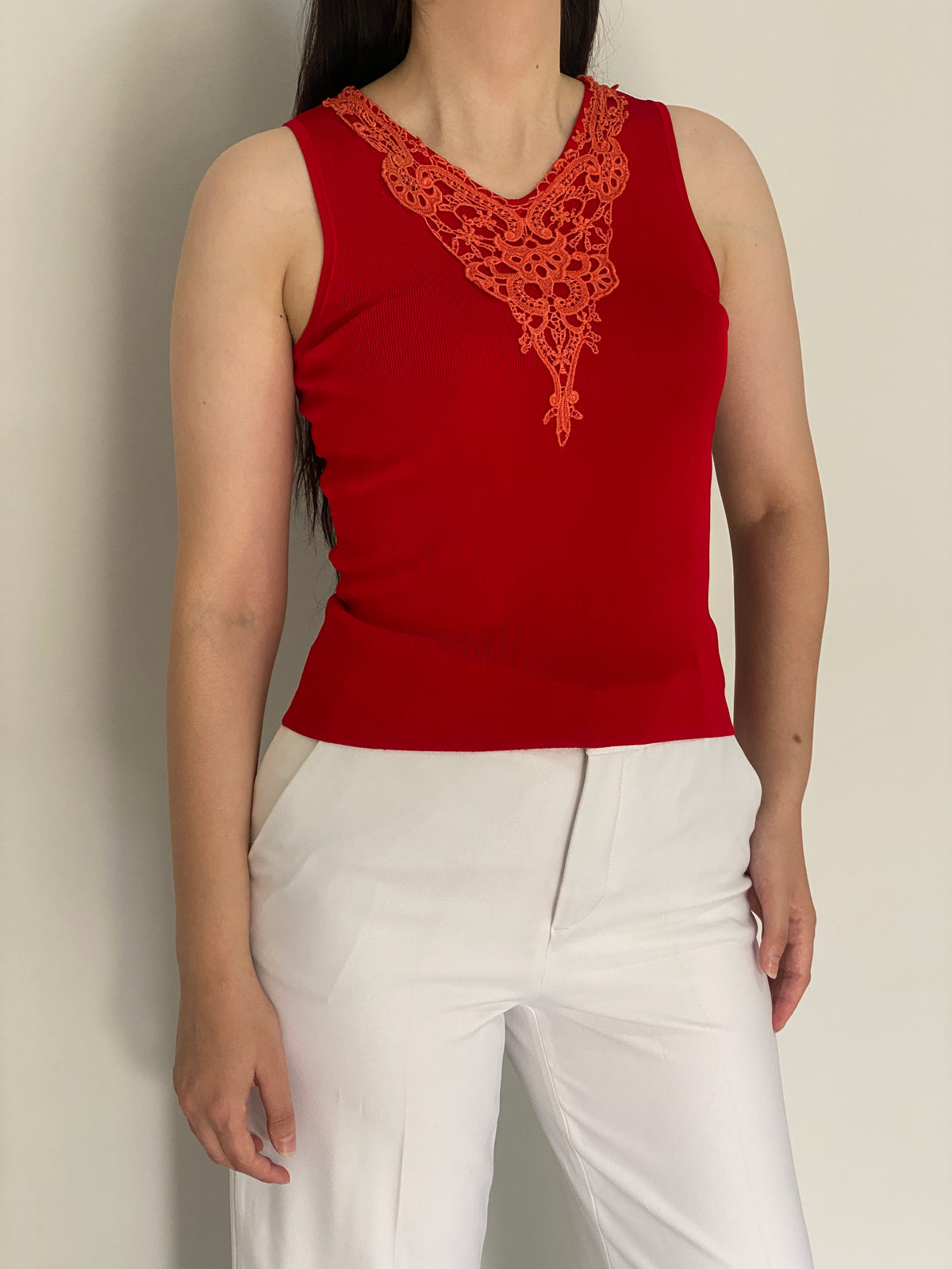 Y2K 2Xtremz Red Sleeveless Top with Orange Lace Embroidery – M