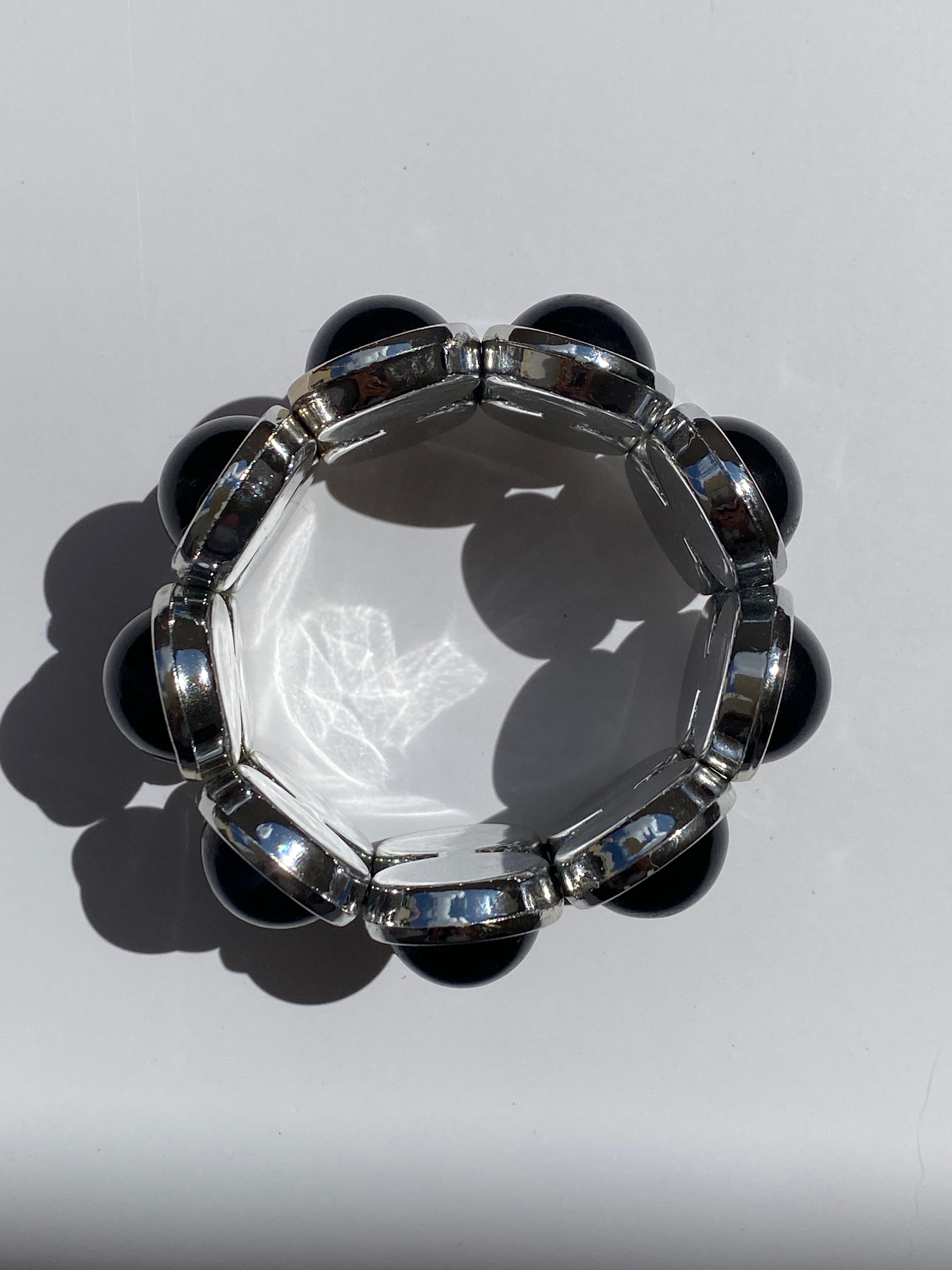 Vintage Black Cabochon Silver Tone Elastic Cuff Bracelet