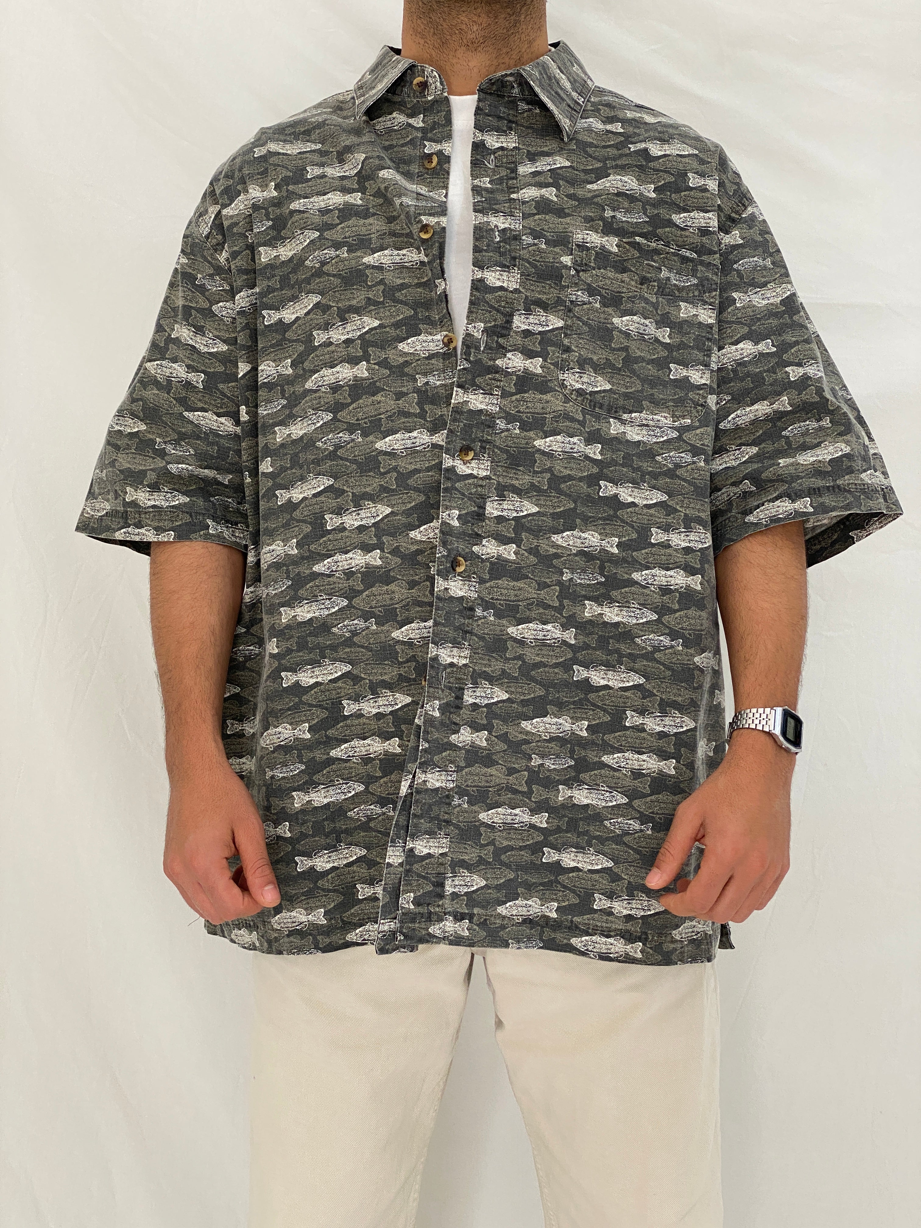 Vintage Puritan Fish Print Gray Cotton Button Up Shirt Oversized Coastal Shirt - XL