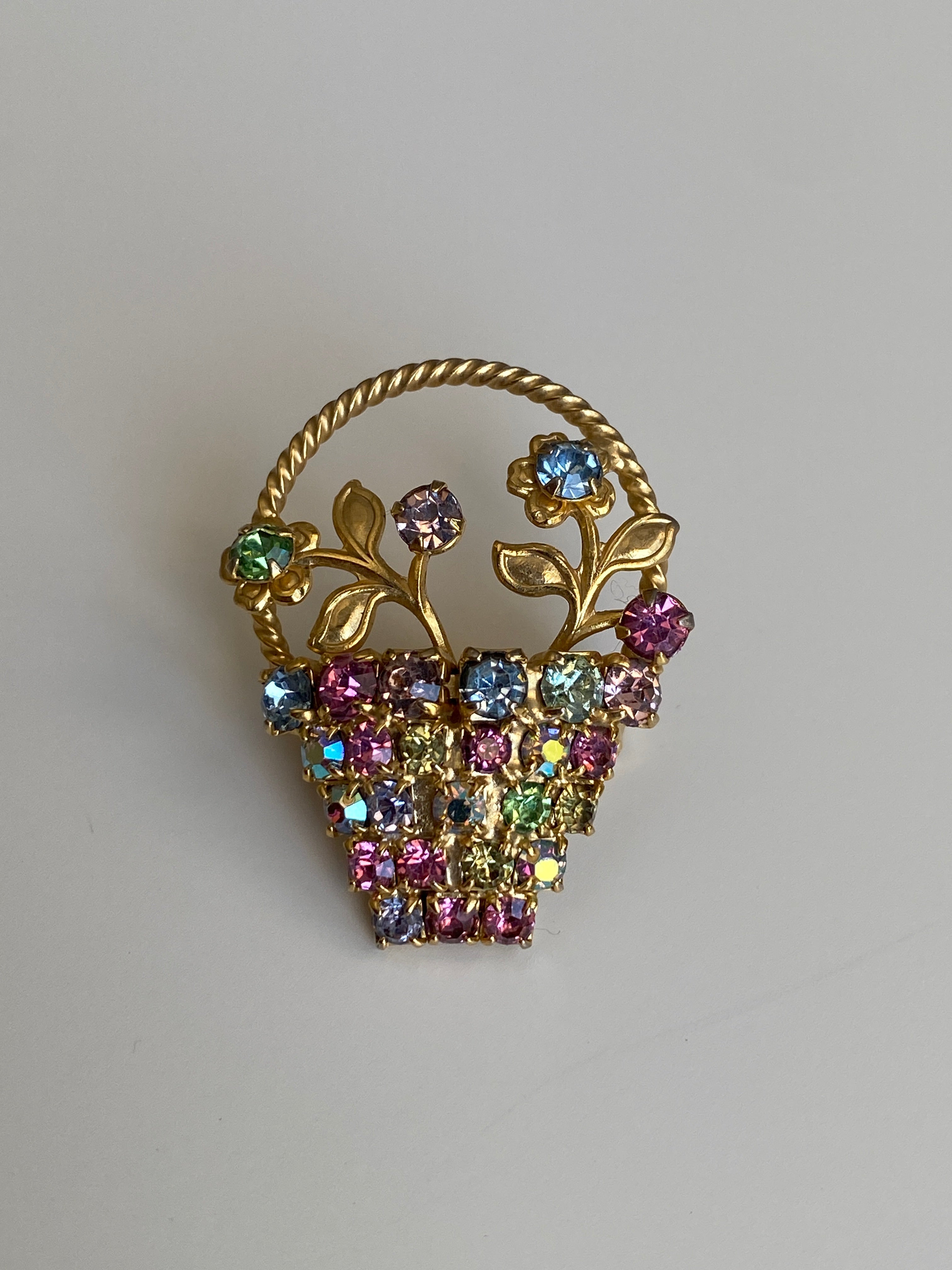 Vintage Gold Tone Multicolor Rhinestone Flower Basket Brooch Floral Statement Pin