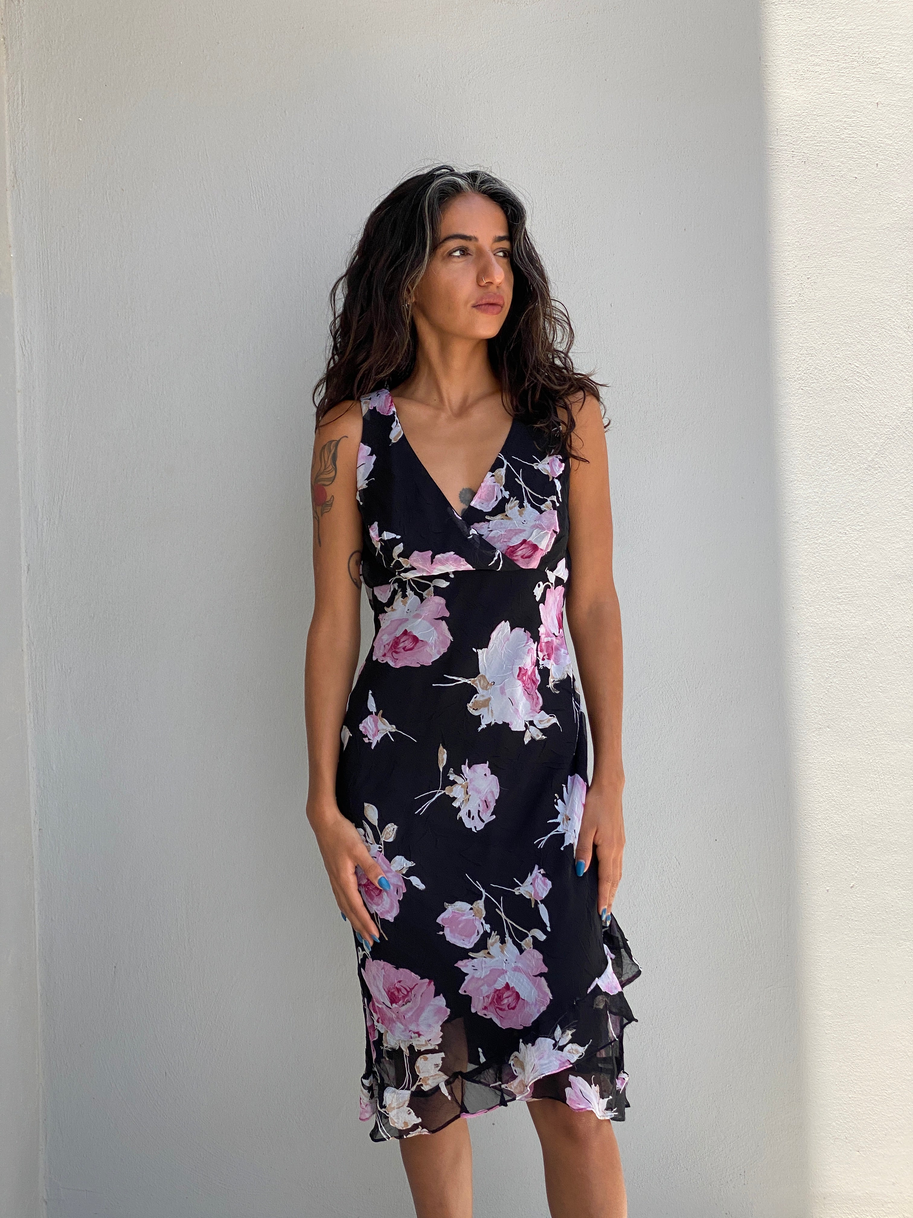 Vintage Alyn Paige Black Pink Floral Chiffon Sleeveless Midi Dress – S