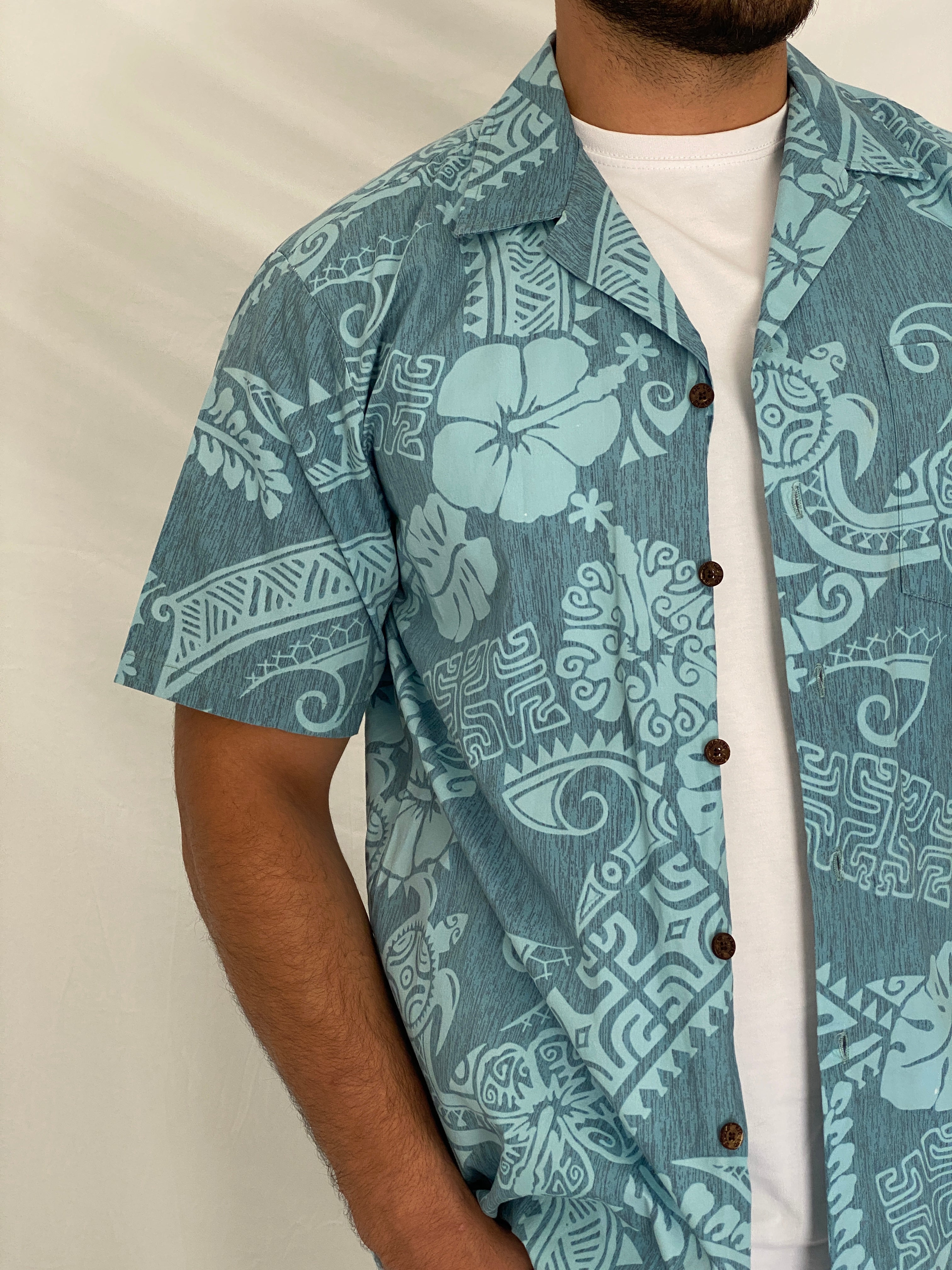 Vintage RJC Hawaiian Blue Cotton Aloha Tropical Tribal Camp Shirt – L