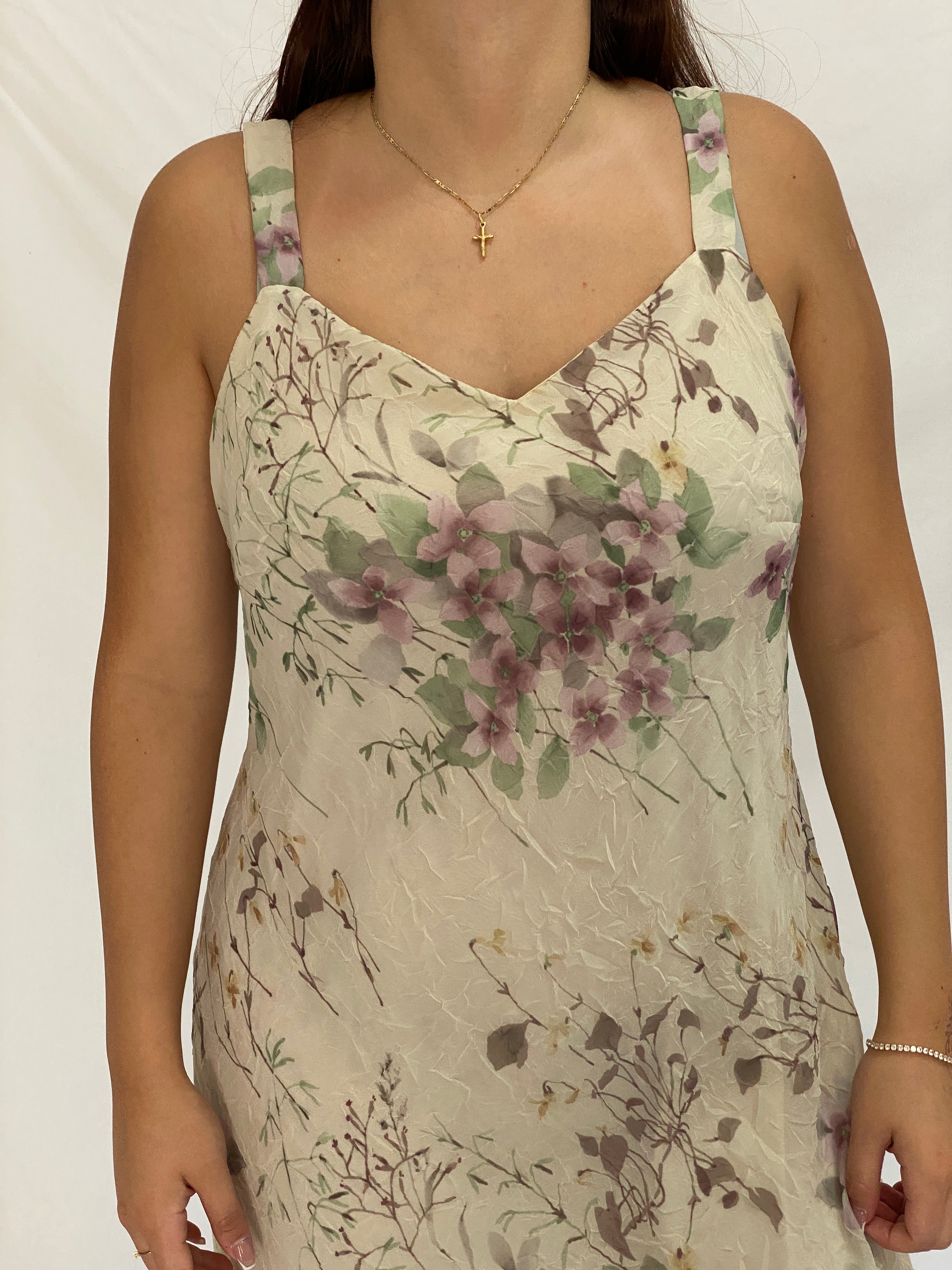 Vintage R&M Richards Ivory Floral Chiffon Handkerchief Hem Maxi Dress – L