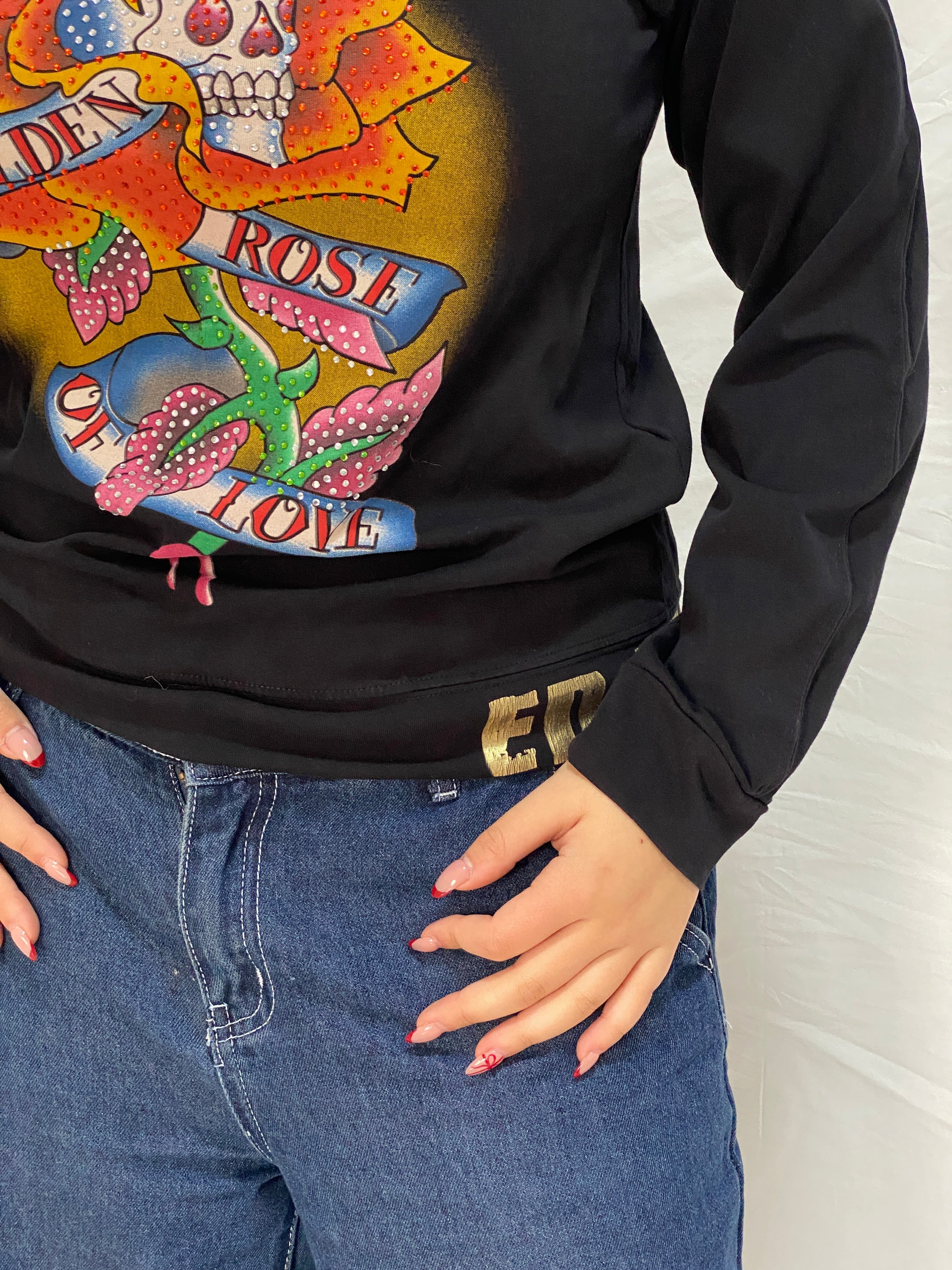 Vintage Ed Hardy Golden Rose Skull Graphic Long Sleeve Top by Christian Audigier - M