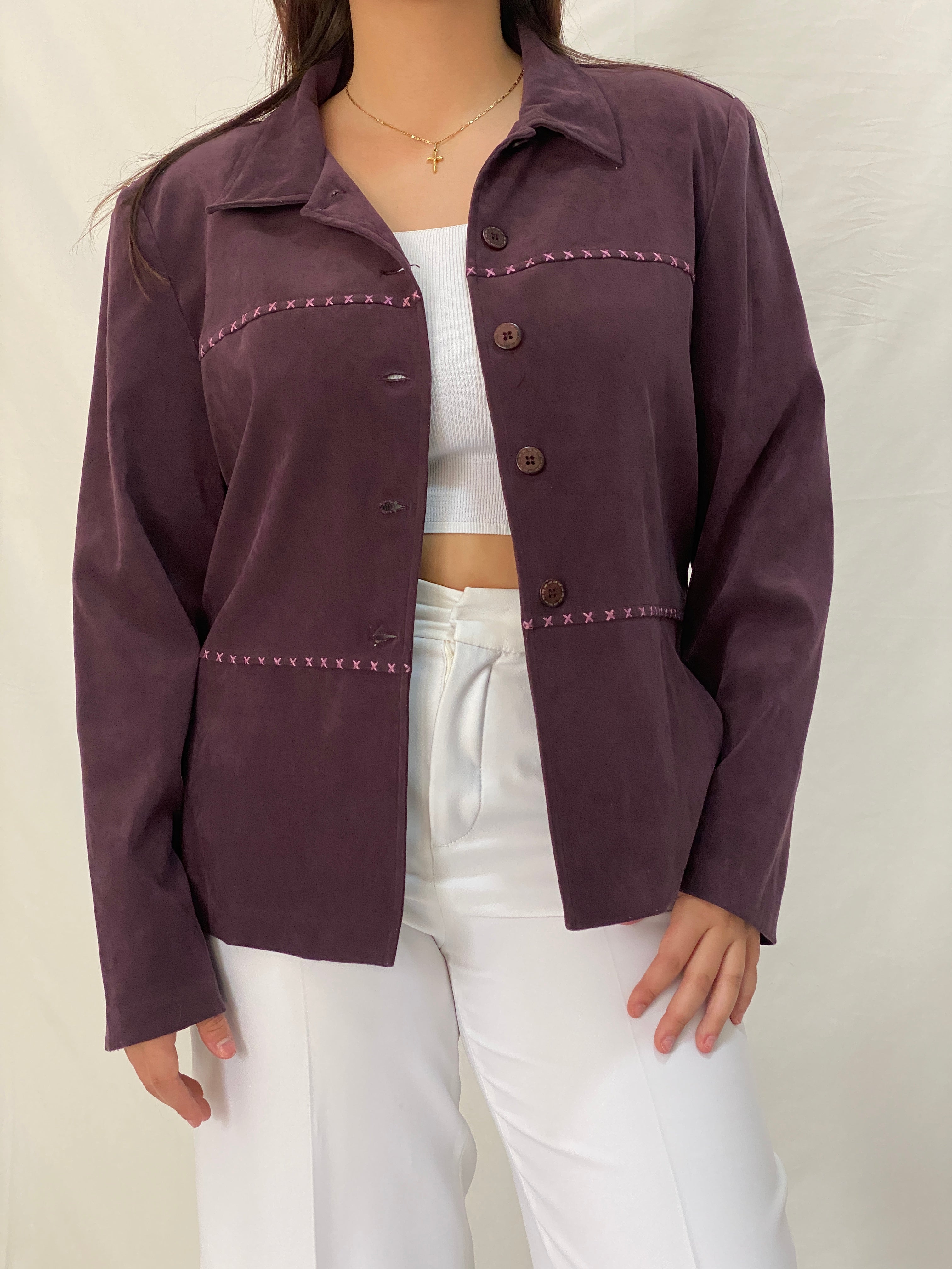 Vintage 90s R&K Originals Faux Suede Jacket Shirt Purple Pink Stitching - XL