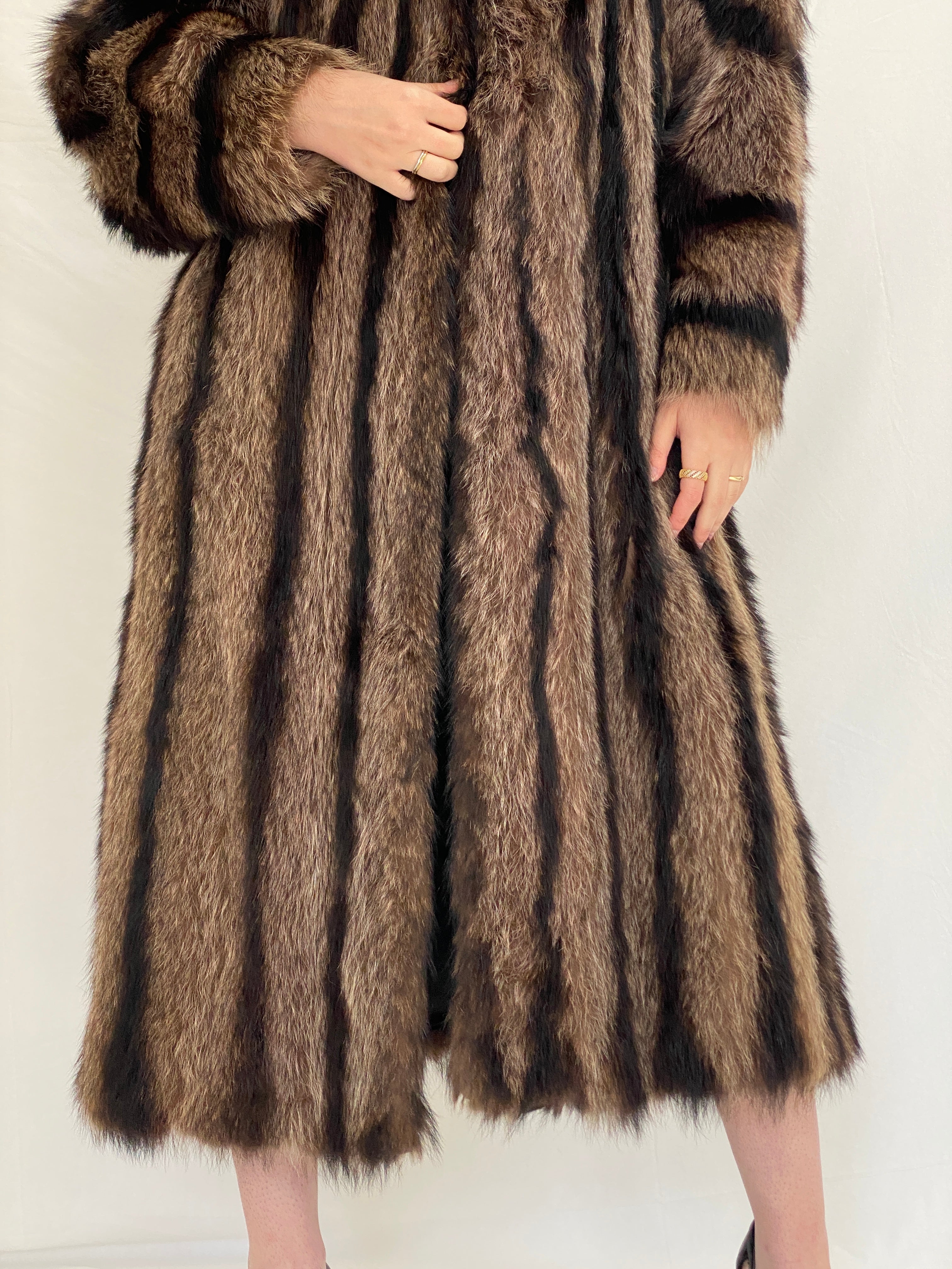 Vintage Handmade Real Raccoon Fur Brown Long Coat Luxury Statement Coat - L