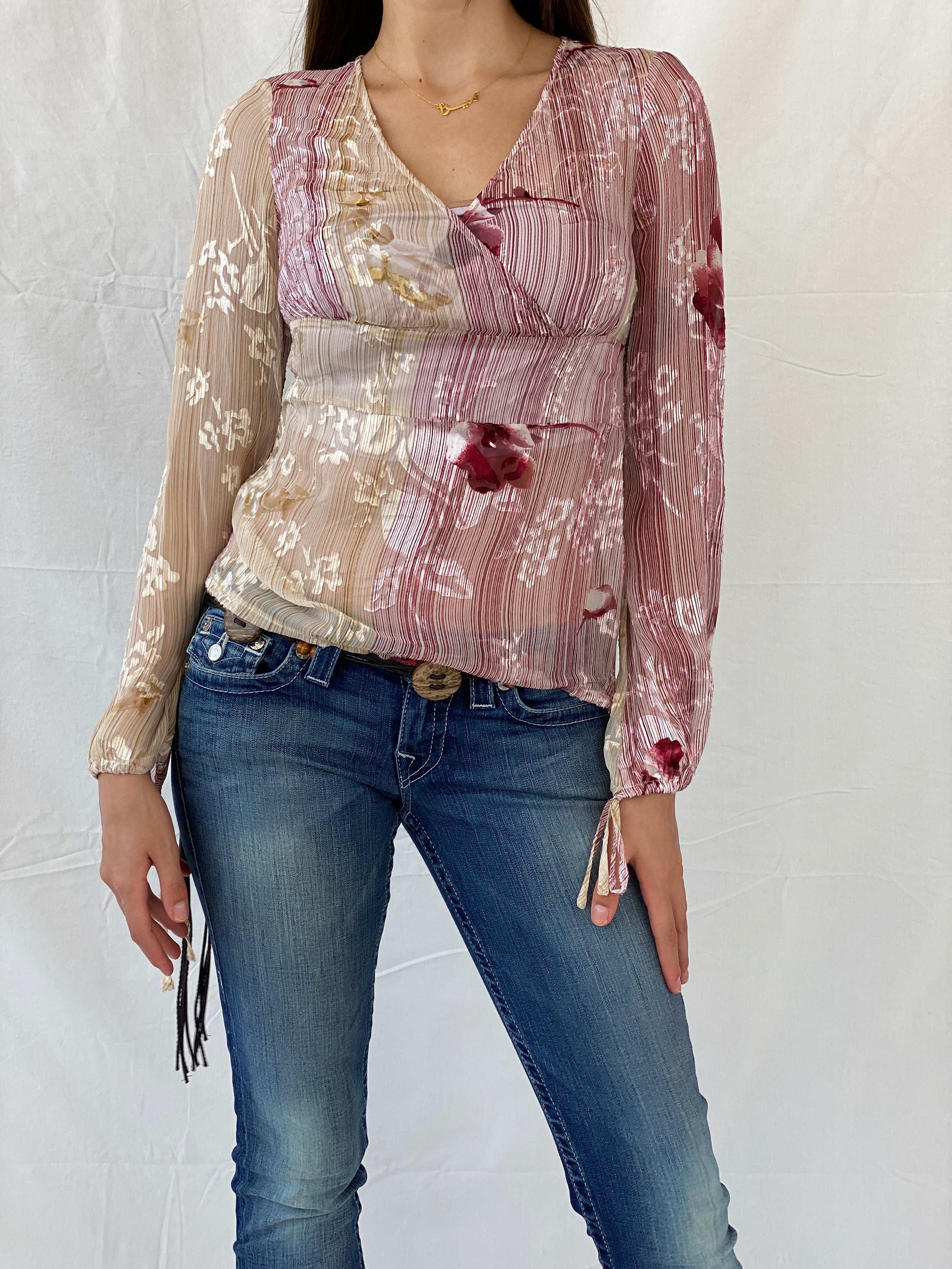 Beautiful Basque Chiffon Floral Pink Sheer Striped Blouse - M