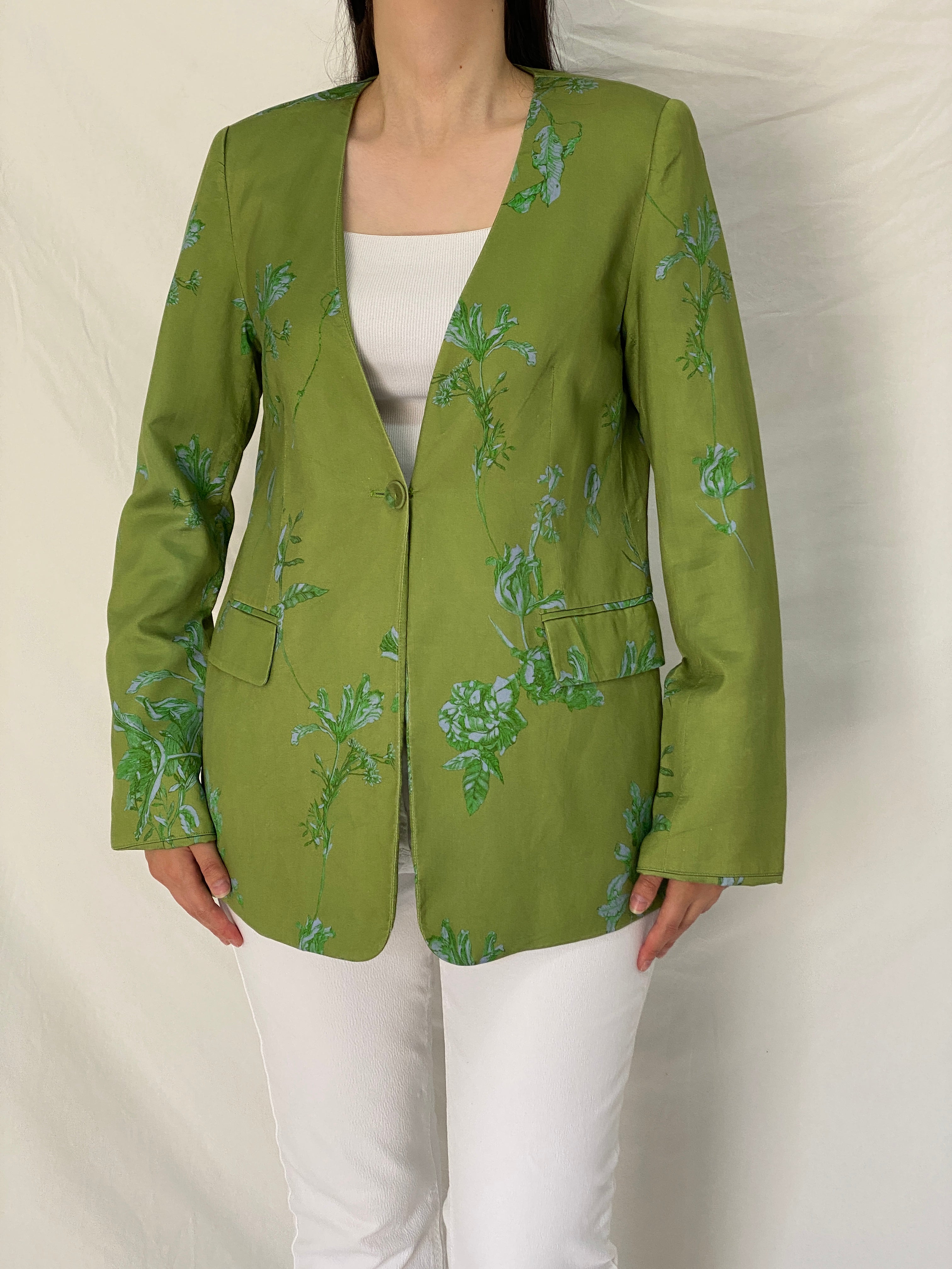 Vintage Y2K Botanical Olive Green & Blue Floral Longline Blazer - L