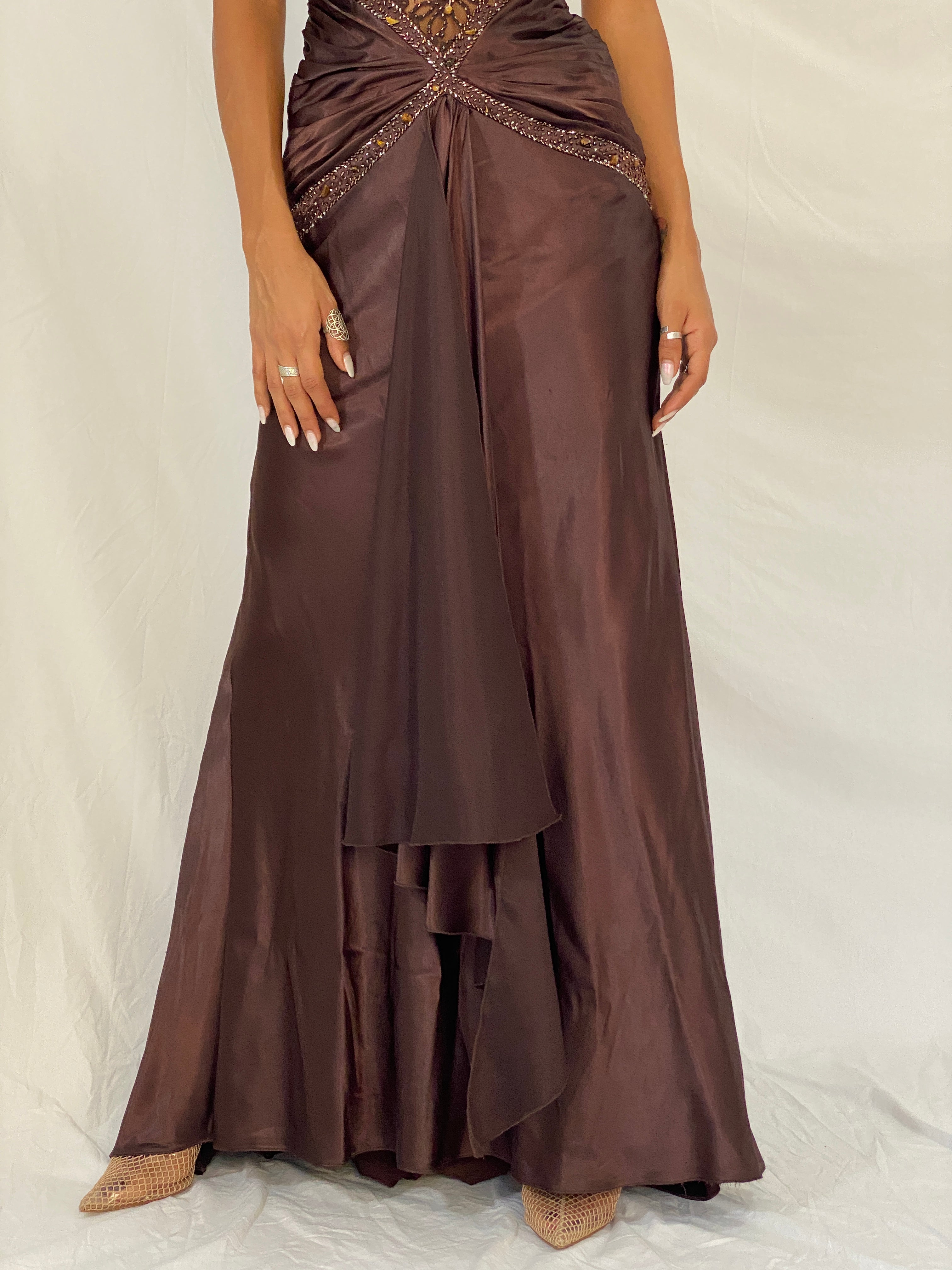 Vintage Y2K Alyce Designs Brown Satin Beaded Lace Cutout Formal Maxi Dress - XS