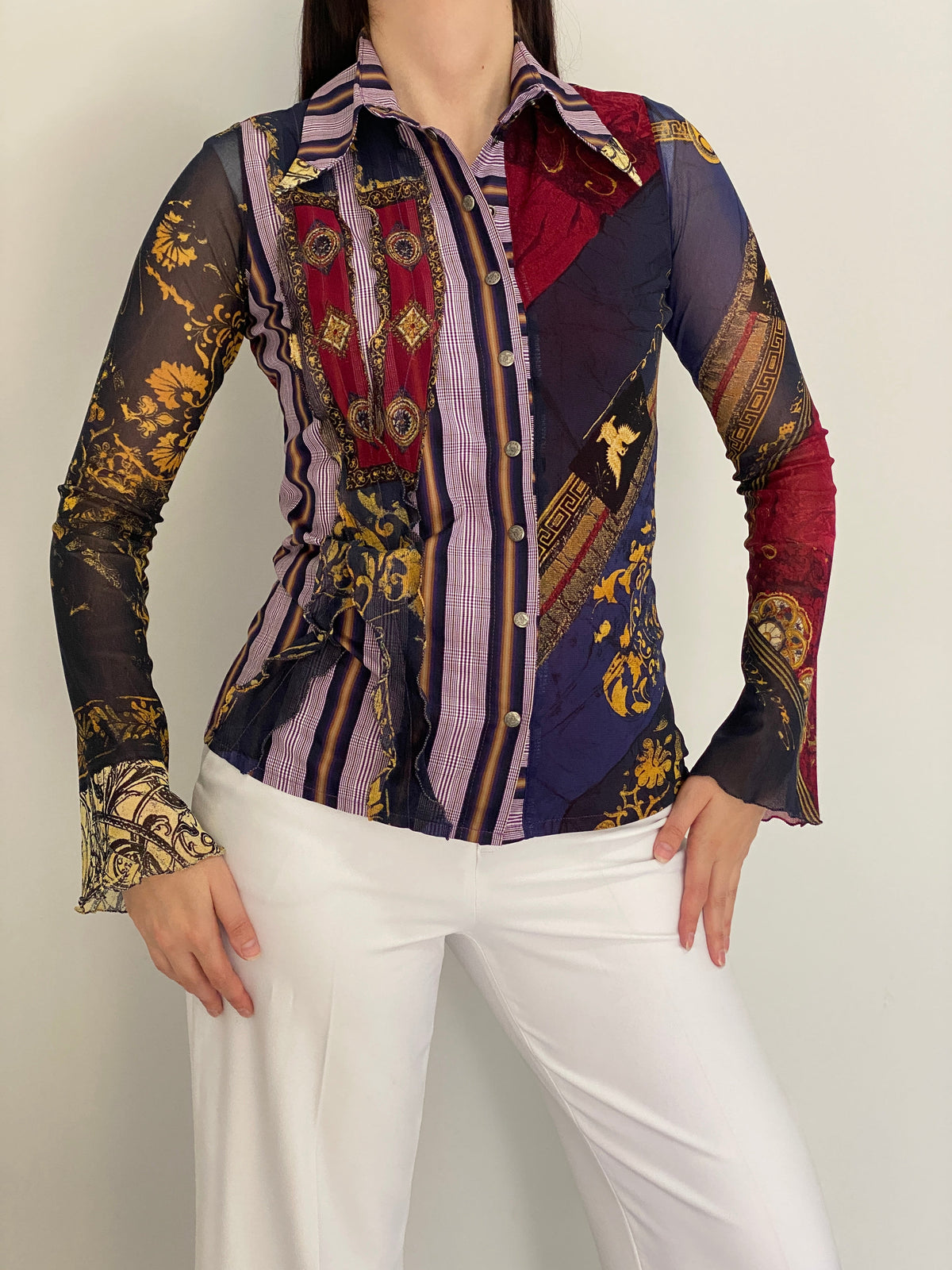 Y2K Save The Queen! Multicolor Whimsical Baroque Sheer Shirt – M