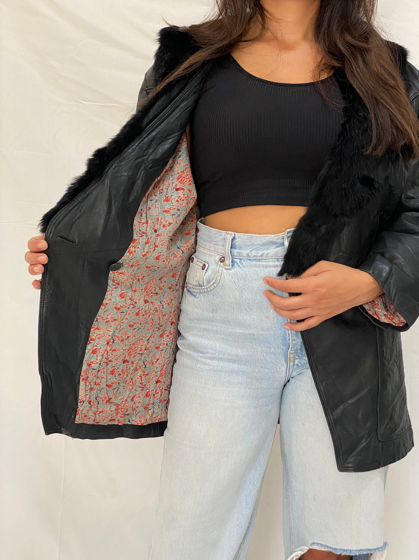 Vintage Patricia Italian Leather Coat Black Fur Collar 80s Oversized Blazer Jacket - M