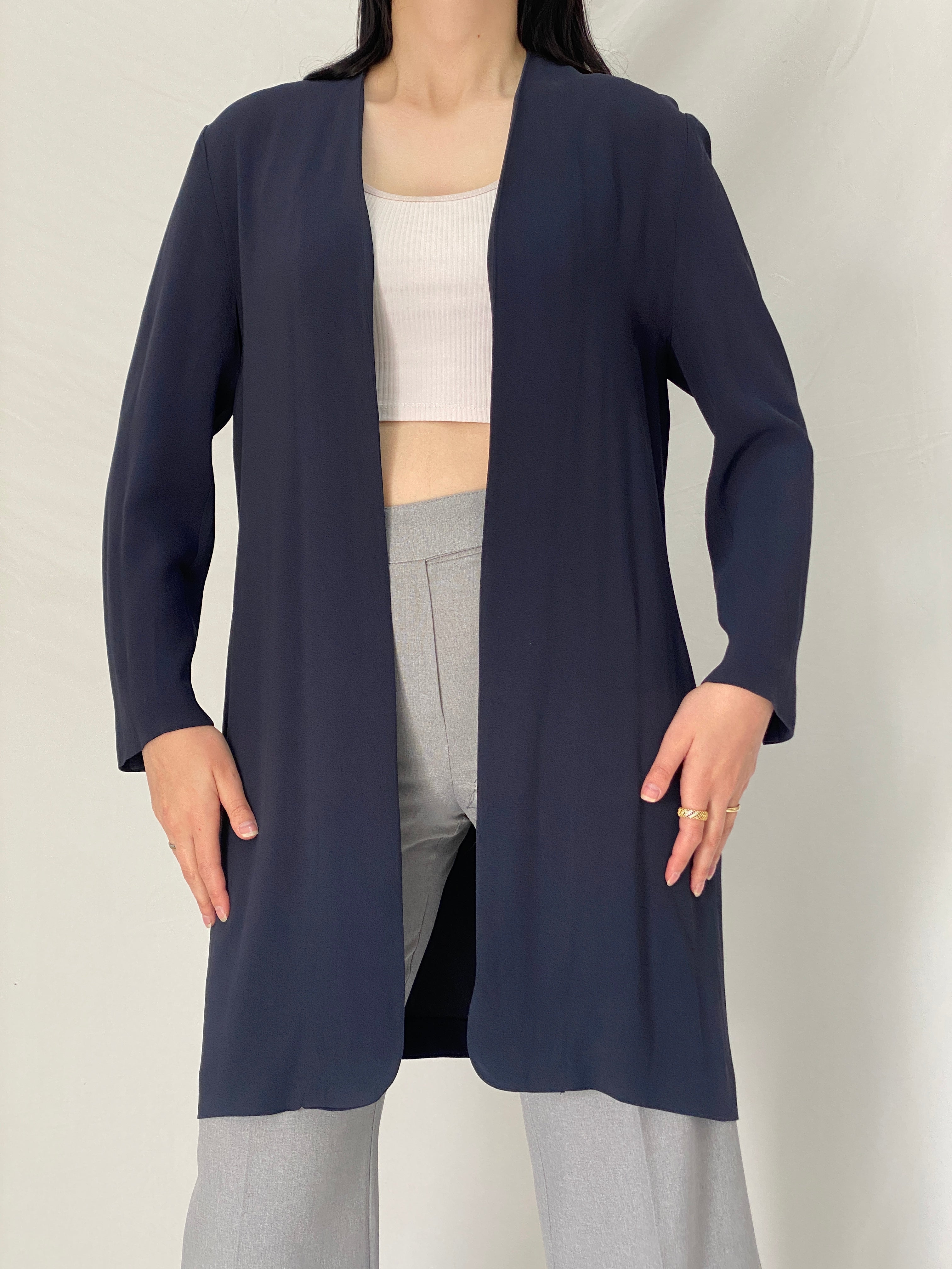Vintage Donna Moda Navy Longline Minimalist Cardigan with Gold Buttons - L