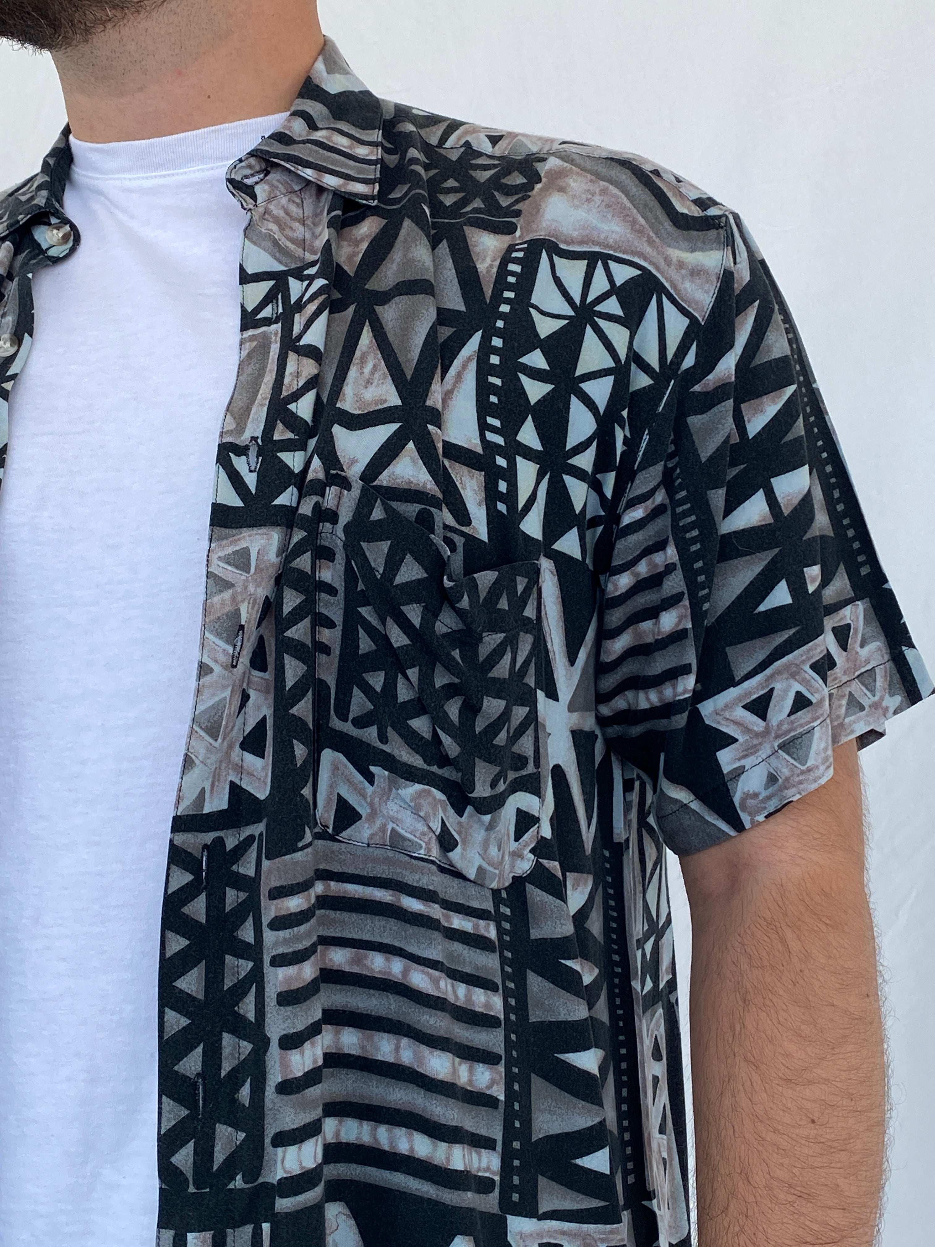 Vintage Toby Lee TL Geometric Print Black and Gray Shirt - L - Balagan Vintage Half Sleeve Shirt 90s, half sleeve shirt, Iyad, mens shirt, NEW IN, printed shirt