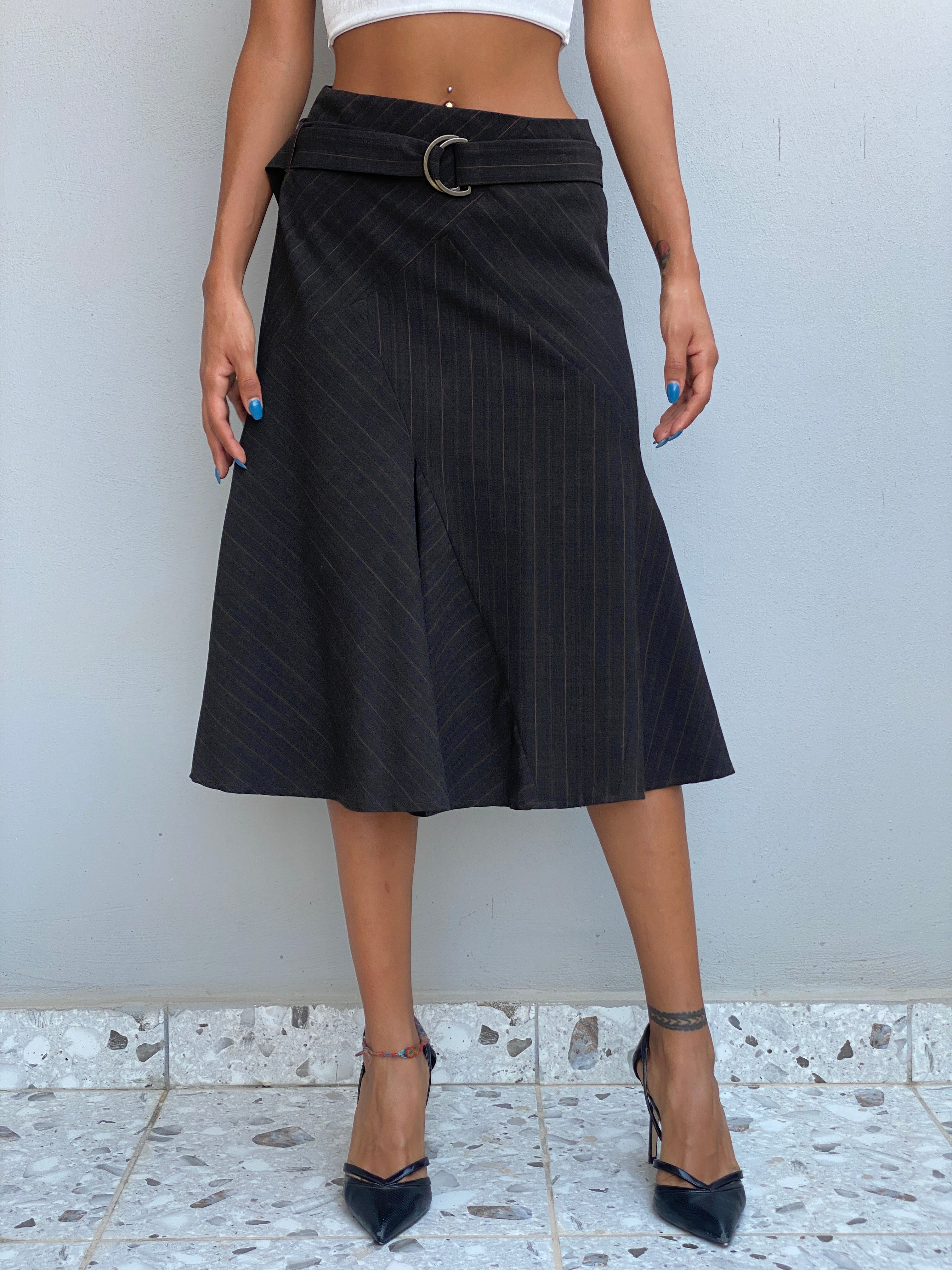 Vintage 123 Un Deux Trois Charcoal Pinstripe Midi Skirt Office Structured A-Line – S
