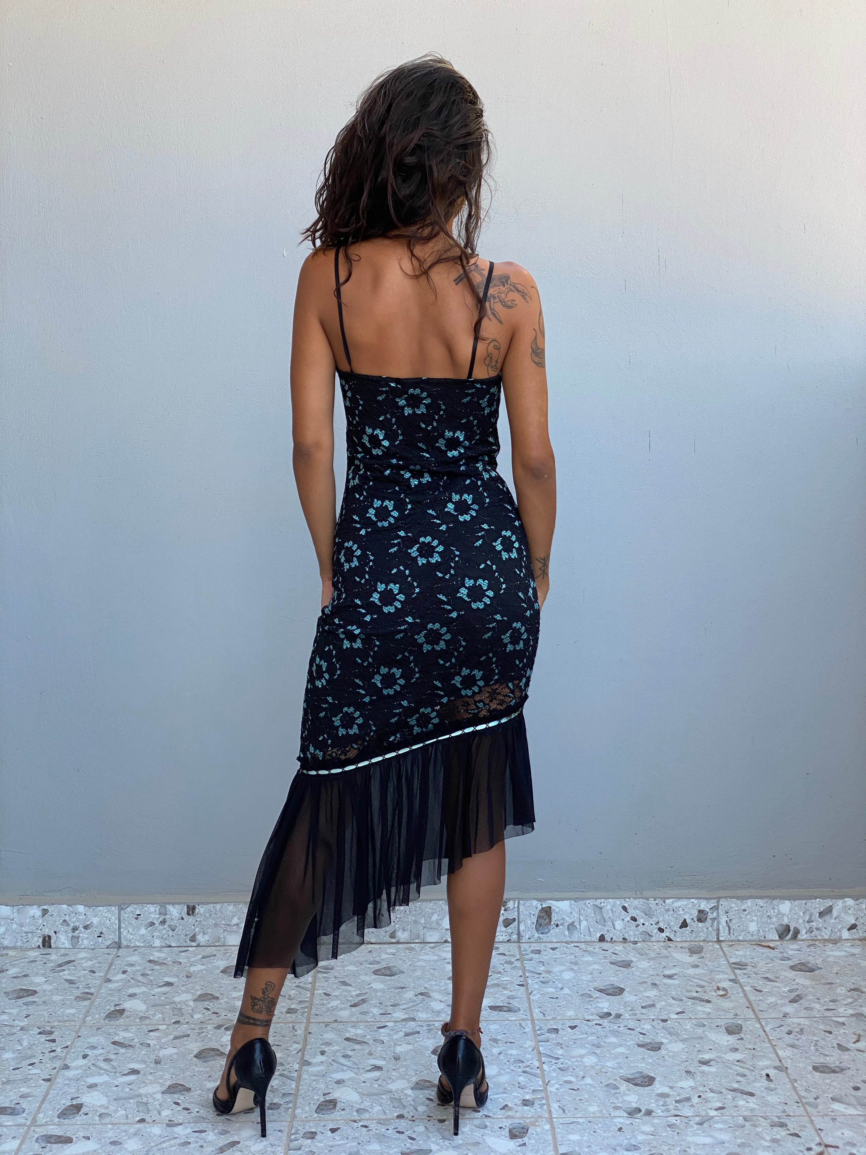 Vintage Y2K Cécilia Paris Black Lace & Aqua Floral Asymmetric Midi Dress - XS