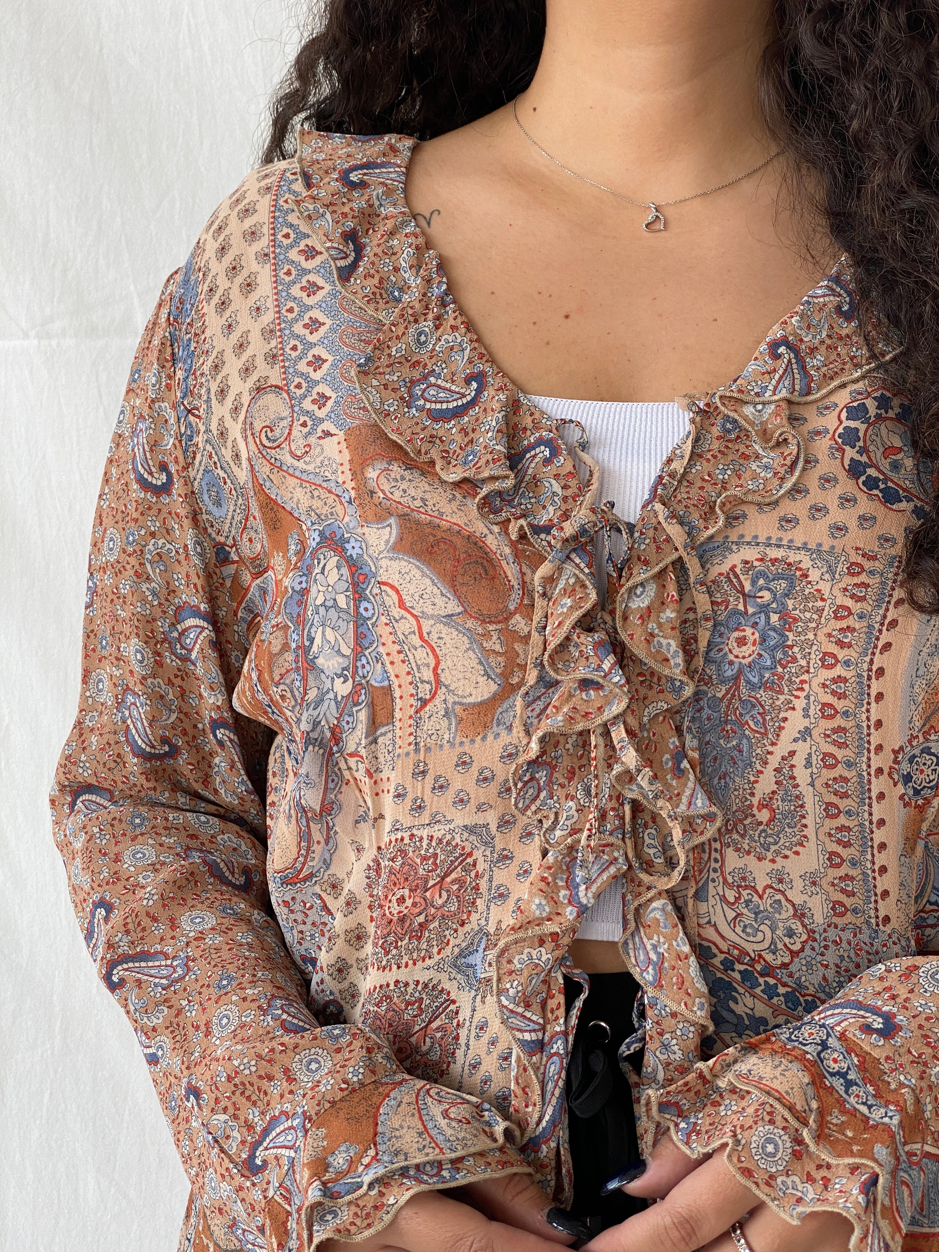 Vintage 90s CANDA C&A Paisley Print Ruffled Front Tie Cardigan - XL