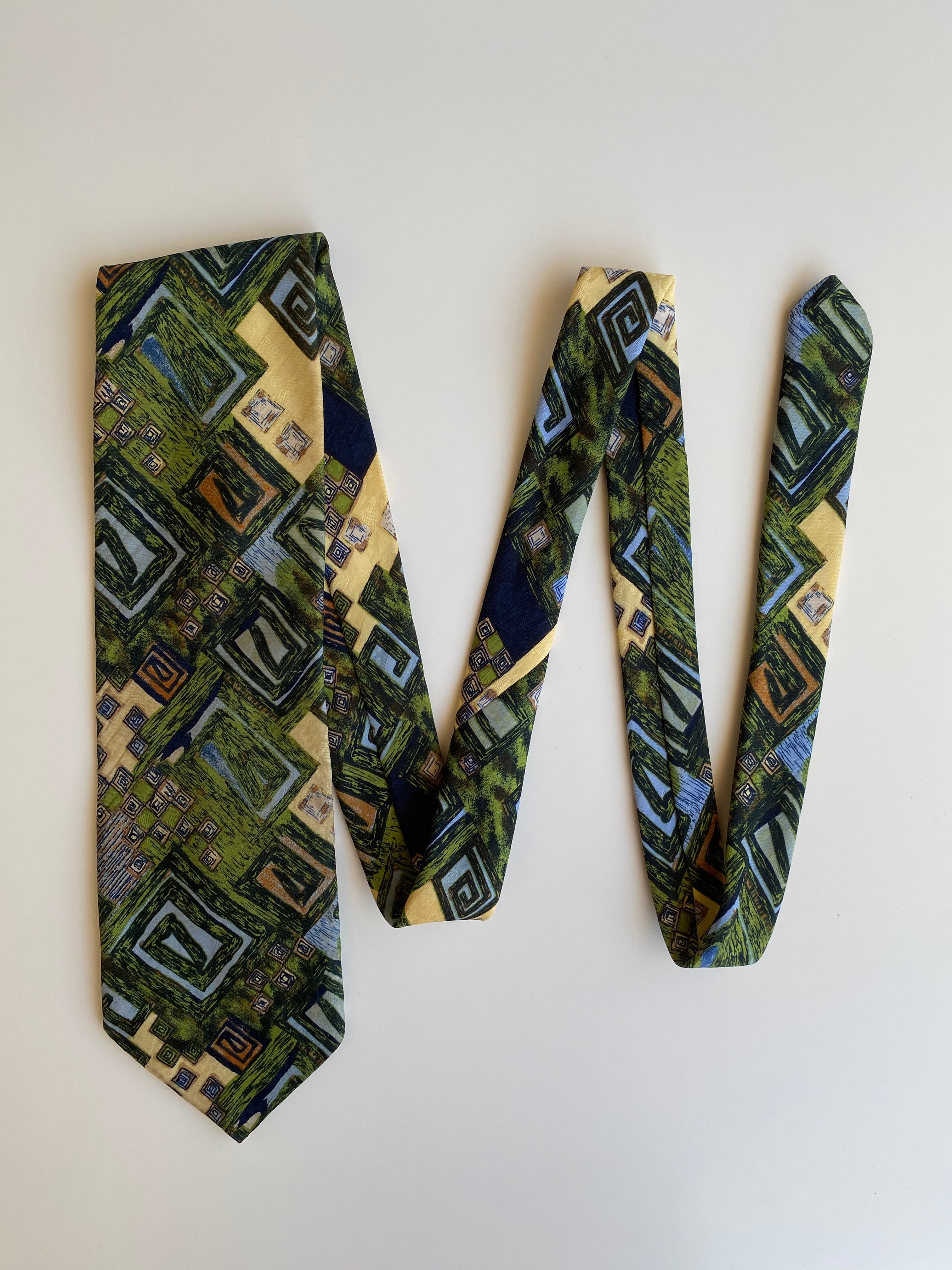 Vintage 90s T Fashion Green Navy Geometric Abstract Wide Necktie
