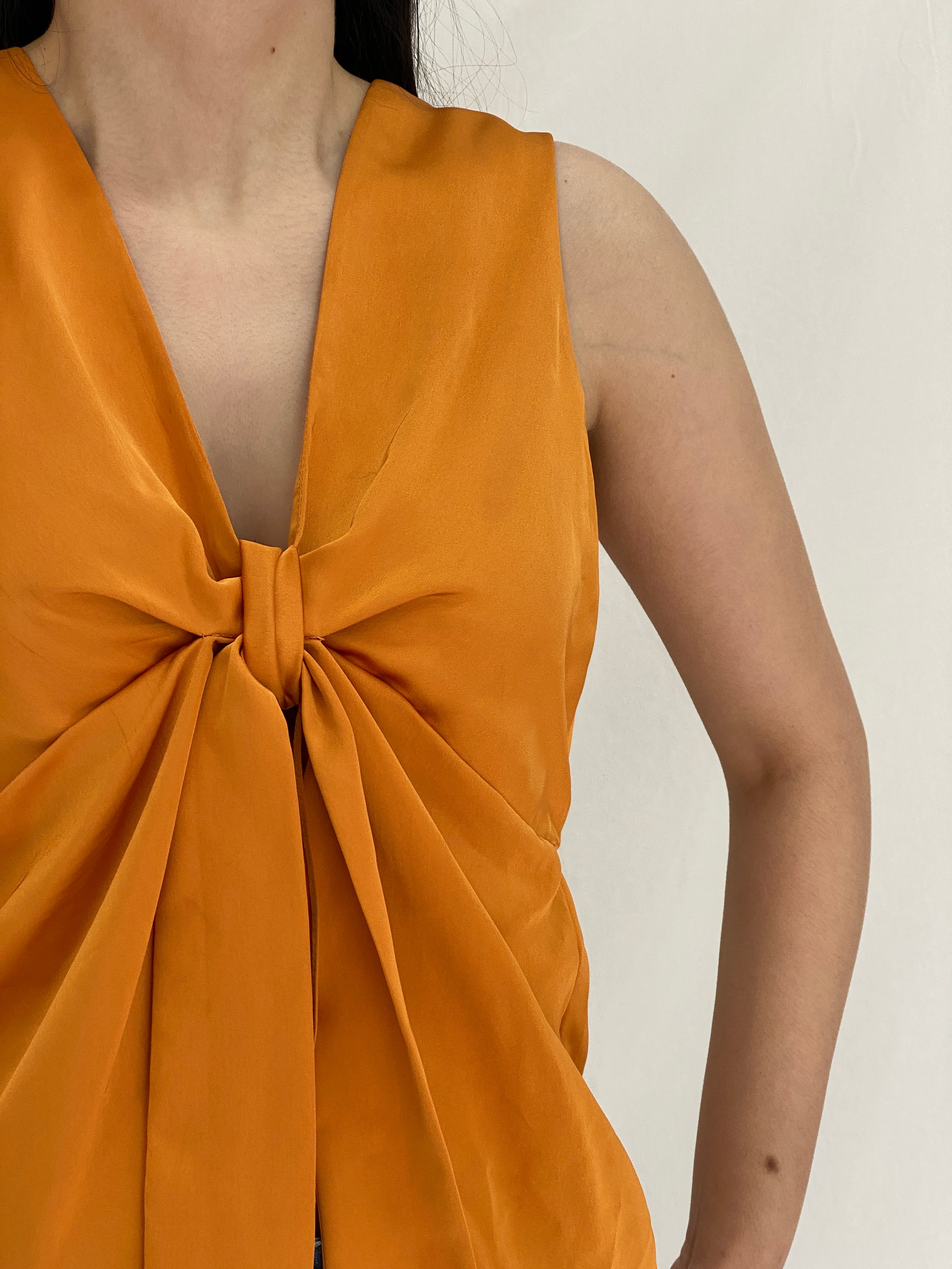 Vintage Orange Satin Tie-Front Blouse Sleeveless Draped Top - M