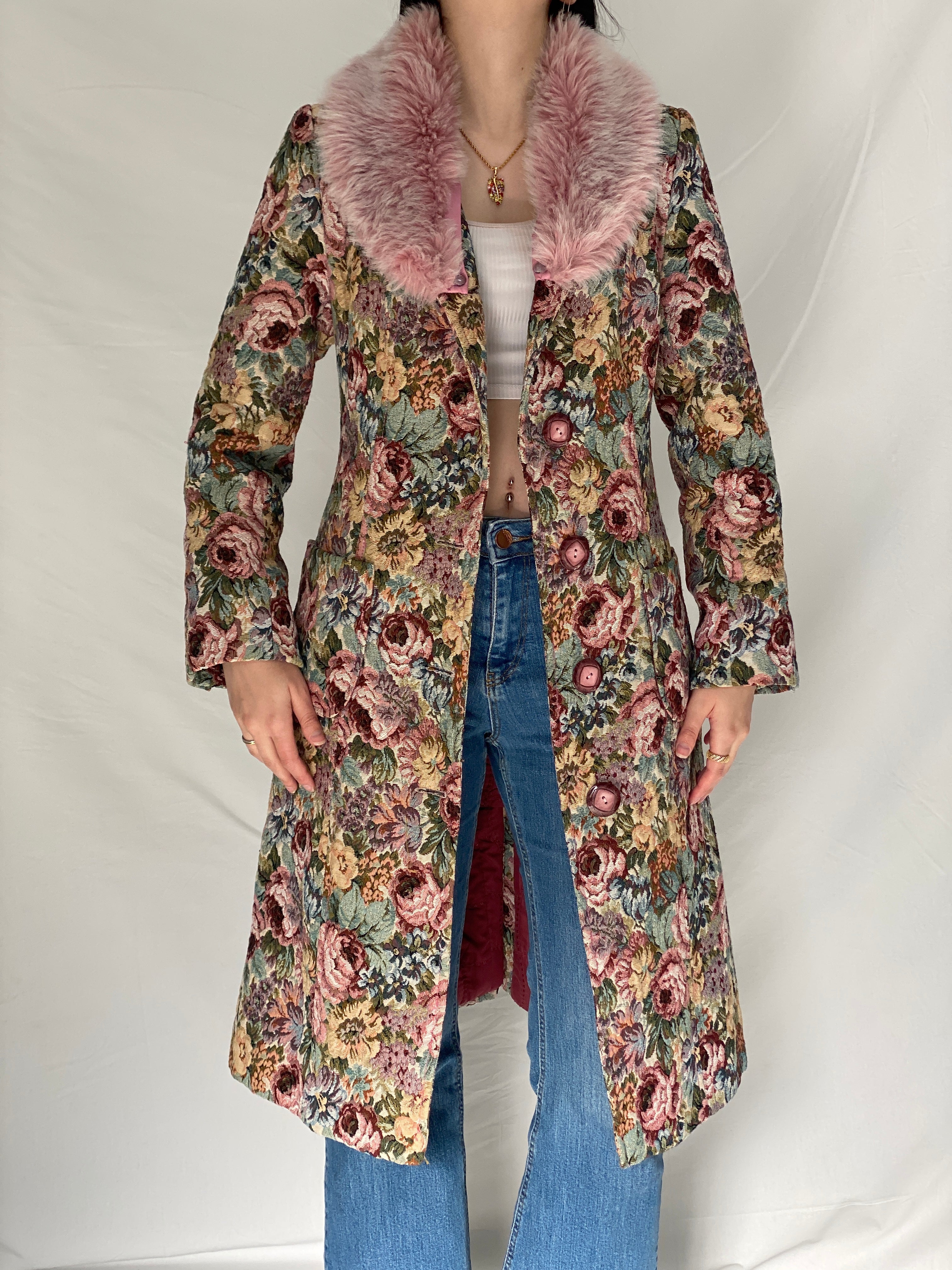 Vintage Statement Handmade Floral Tapestry Quilted Coat with Pink Faux Fur Collar - M