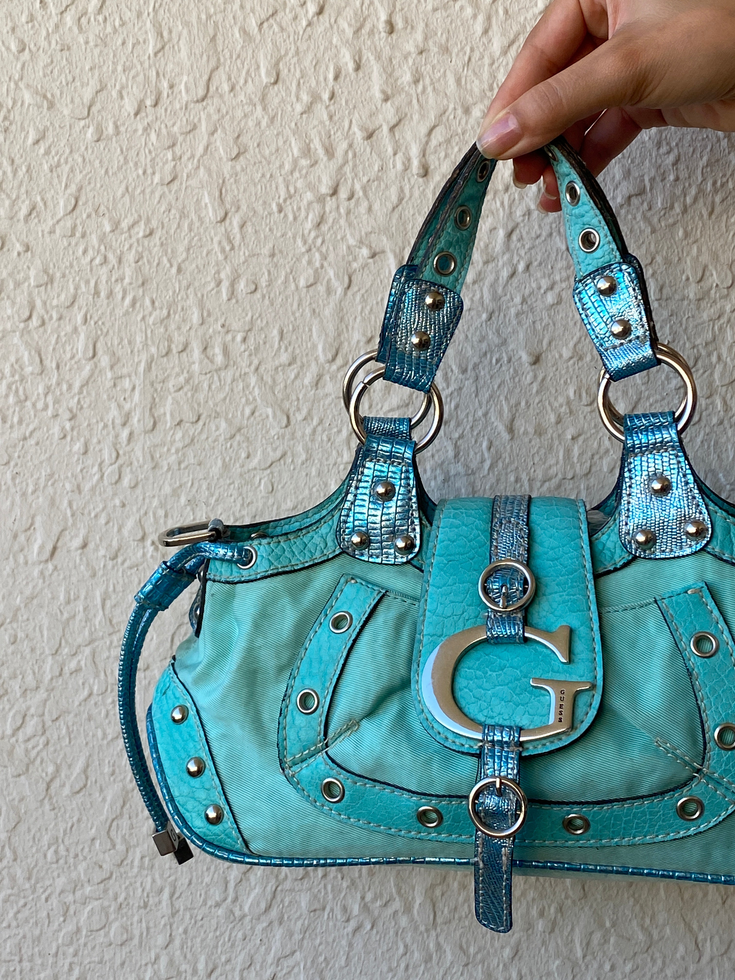 Vintage Y2K Guess Turquoise Satchel Bag with Logo G Hardware & Studded Trim Purse