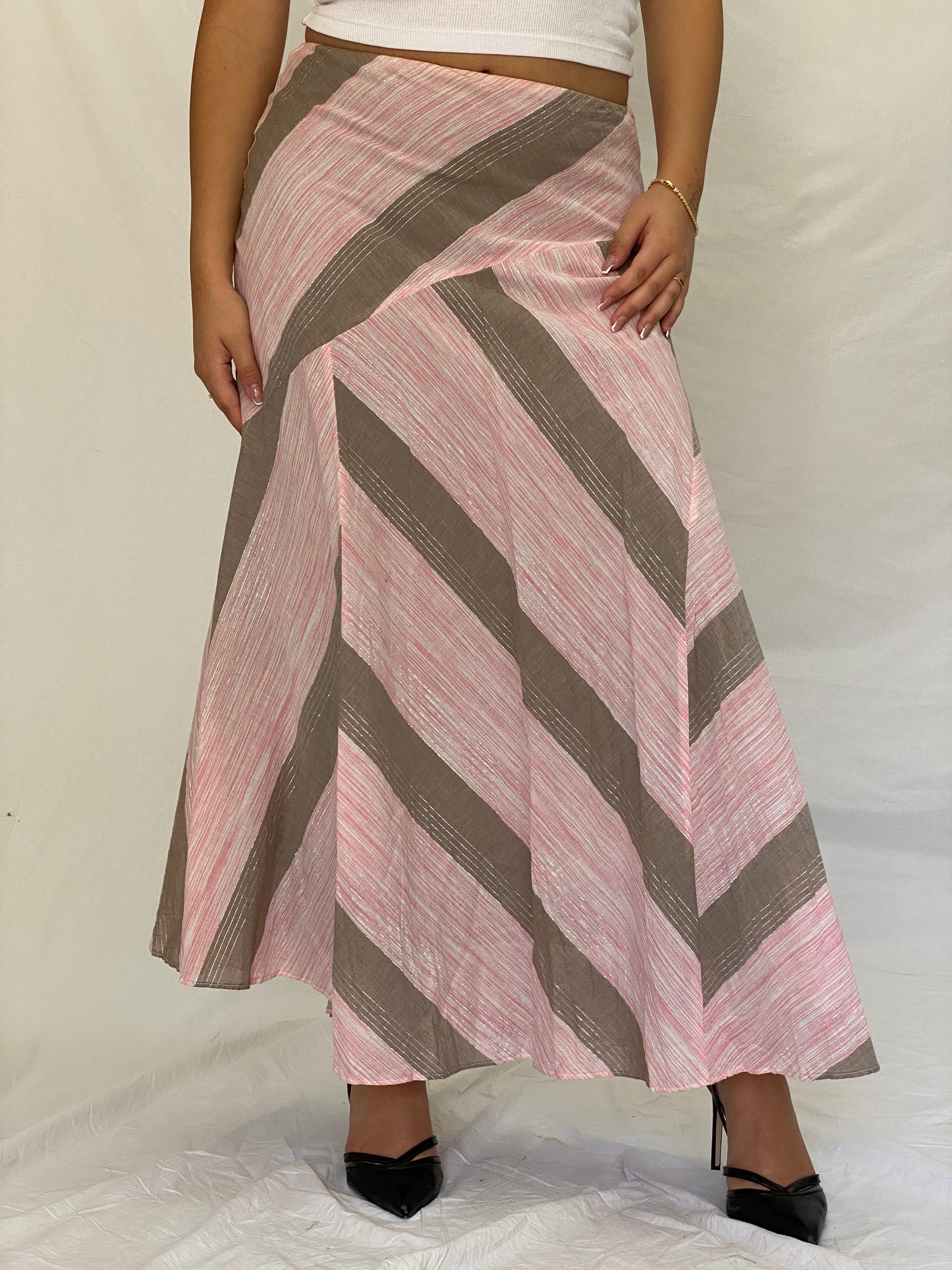 Vintage Y2K Woolworths Woman Pink & Taupe Linen Blend Chevron Maxi Skirt - M