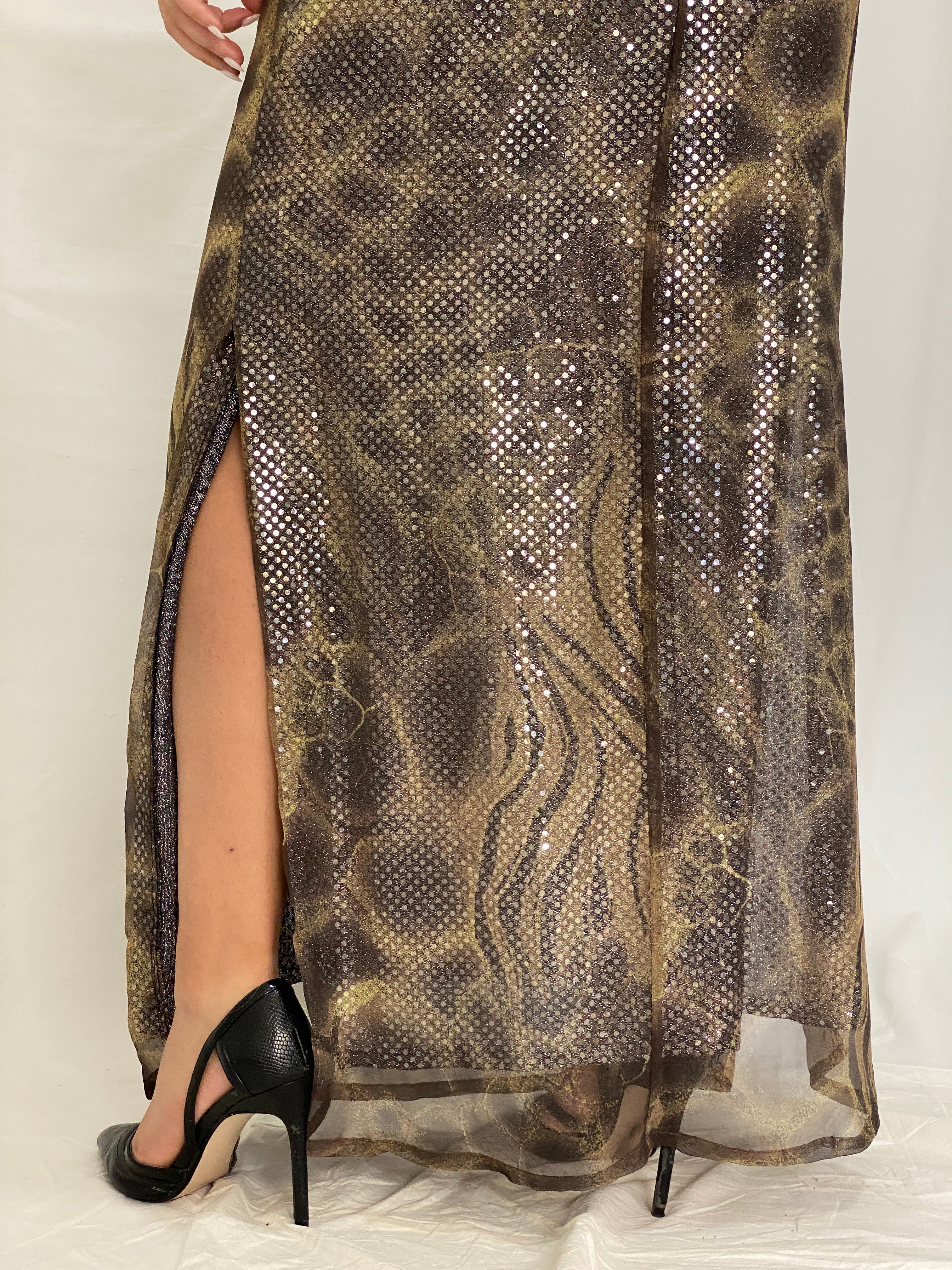 Vintage Betsy & Adam Metallic Animal Print Maxi Gown Sequin Mesh Overlay 90s Y2K Evening Dress - L
