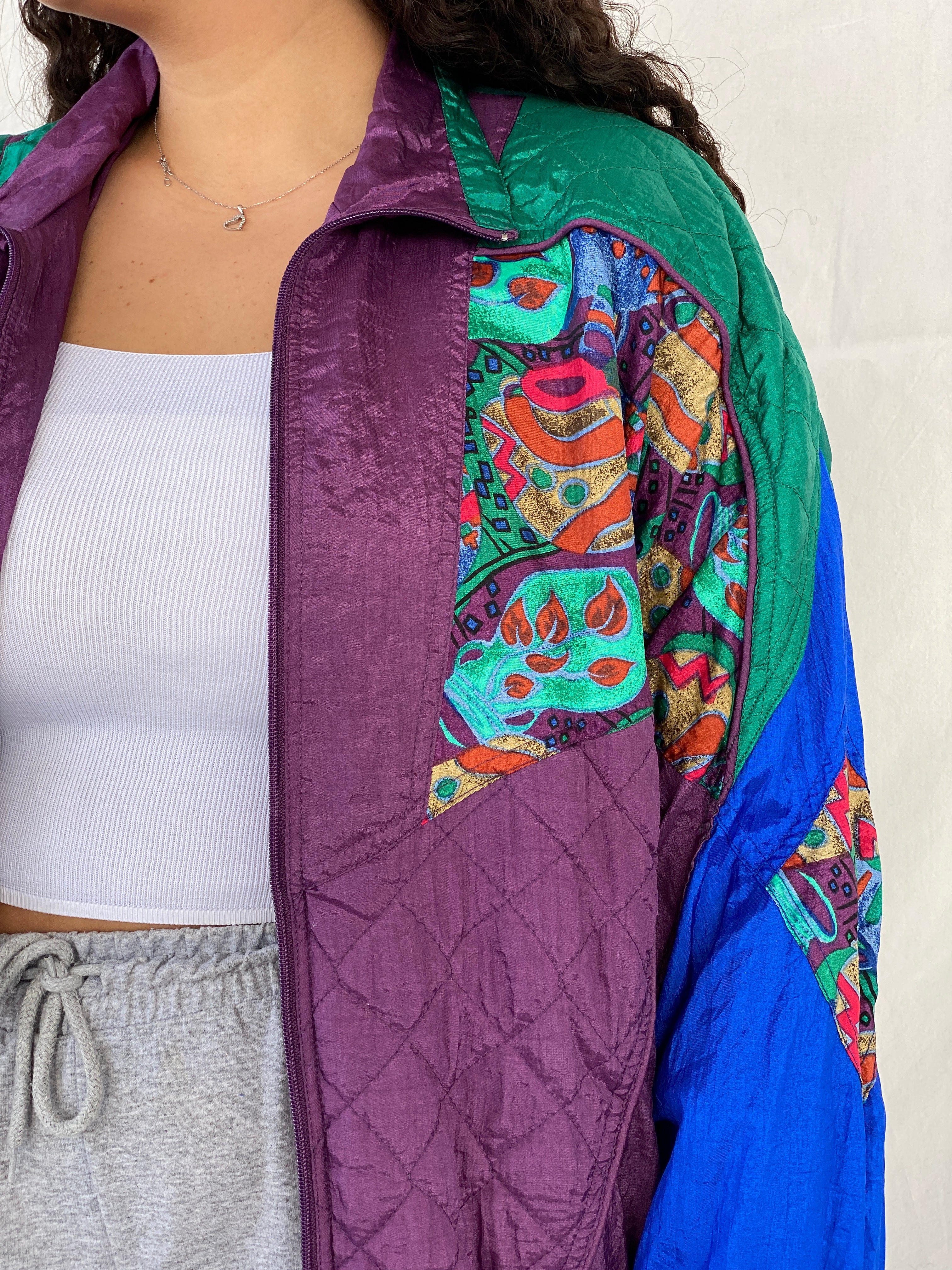 Vintage 80s/90s Active Studio by Div Rousso Quilted Green & Purple Track Windbreaker Jacket - M