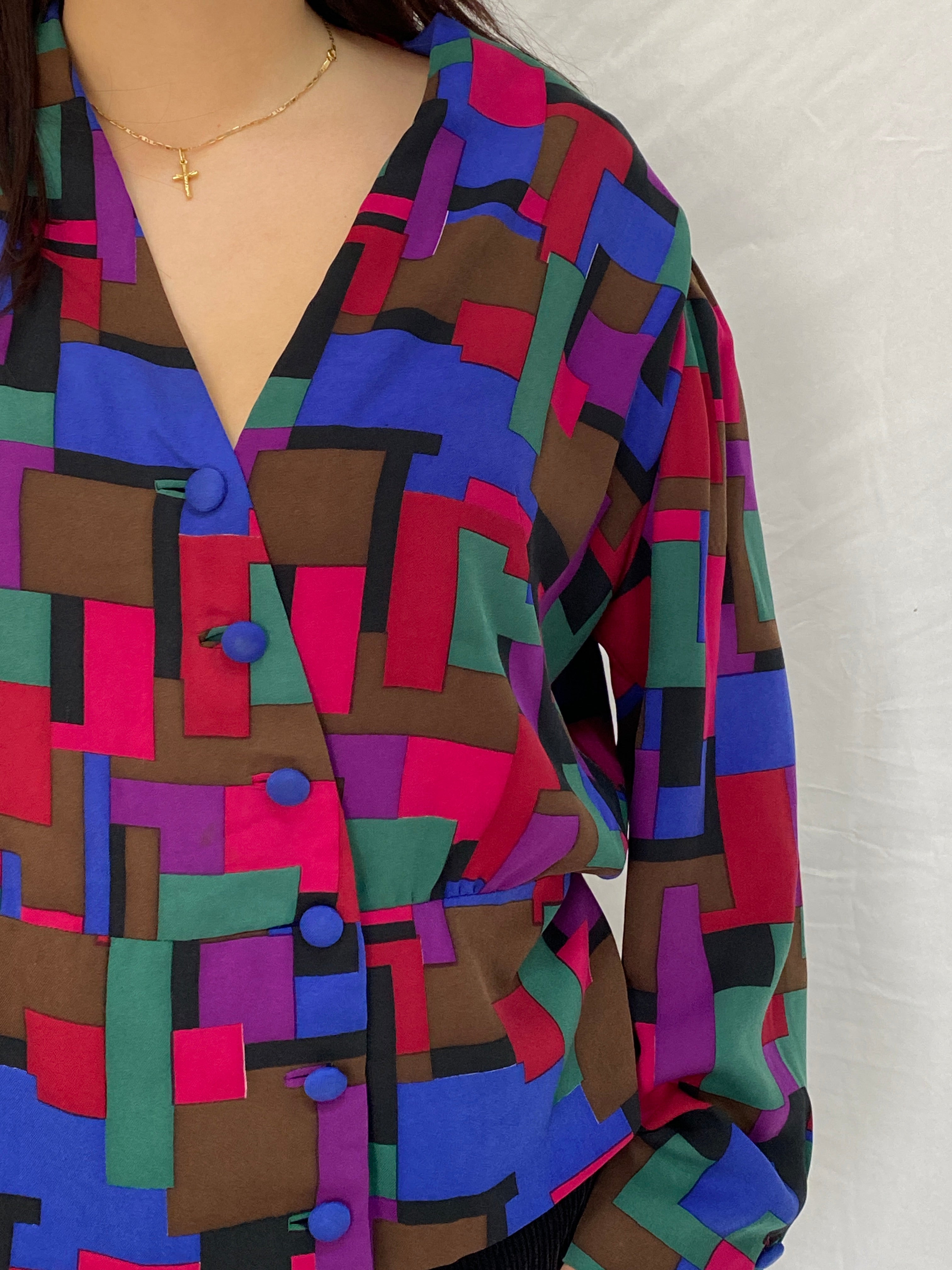 Vintage Handmade 80s Multicolor Abstract Geometric Print Long Sleeve Button-Up Shirt – XL