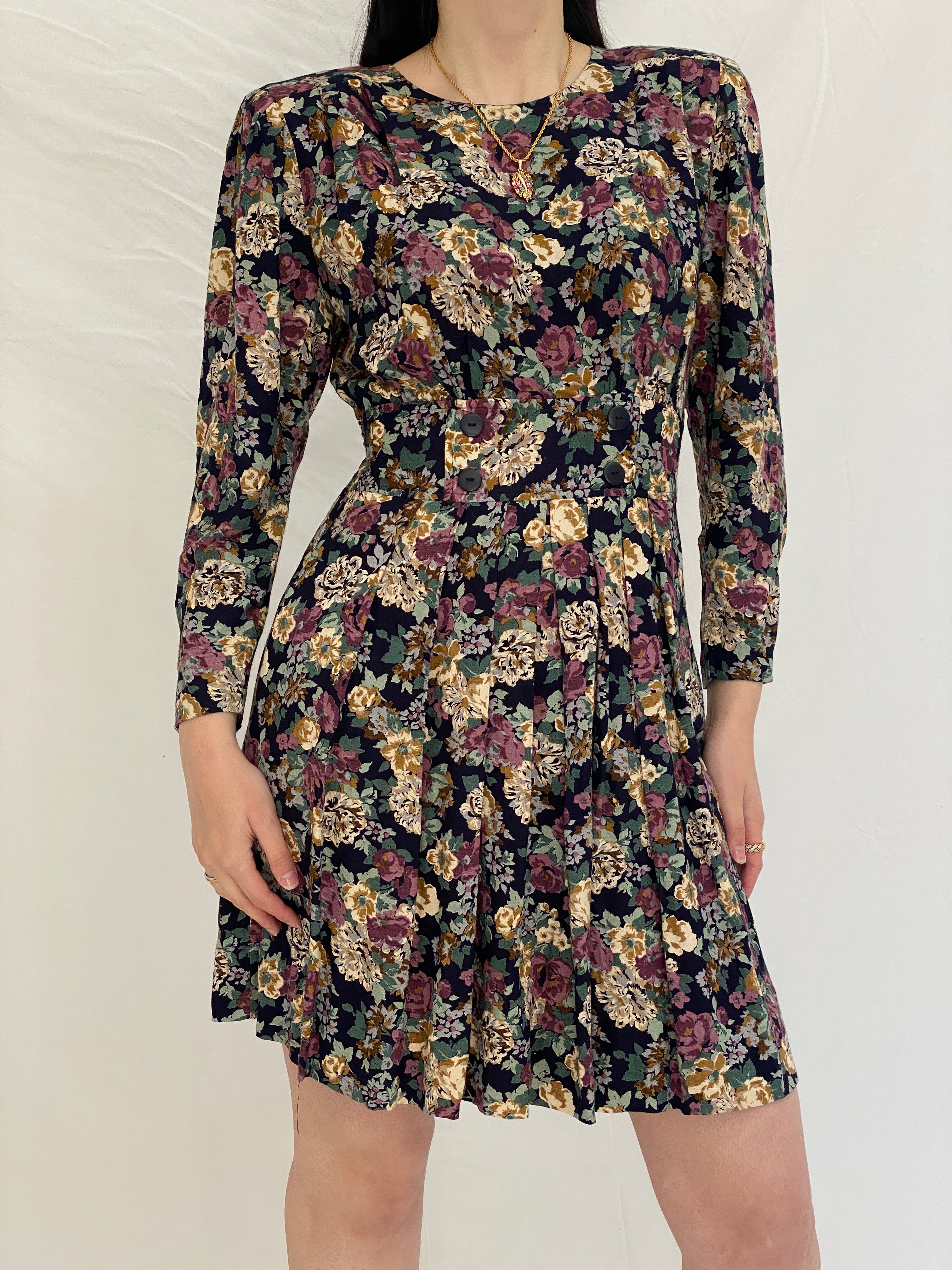 Vintage Petite Sophisticate Floral Dress Long Sleeve Fit & Flare Mini Dress, 90s Romantic Floral Dress - S