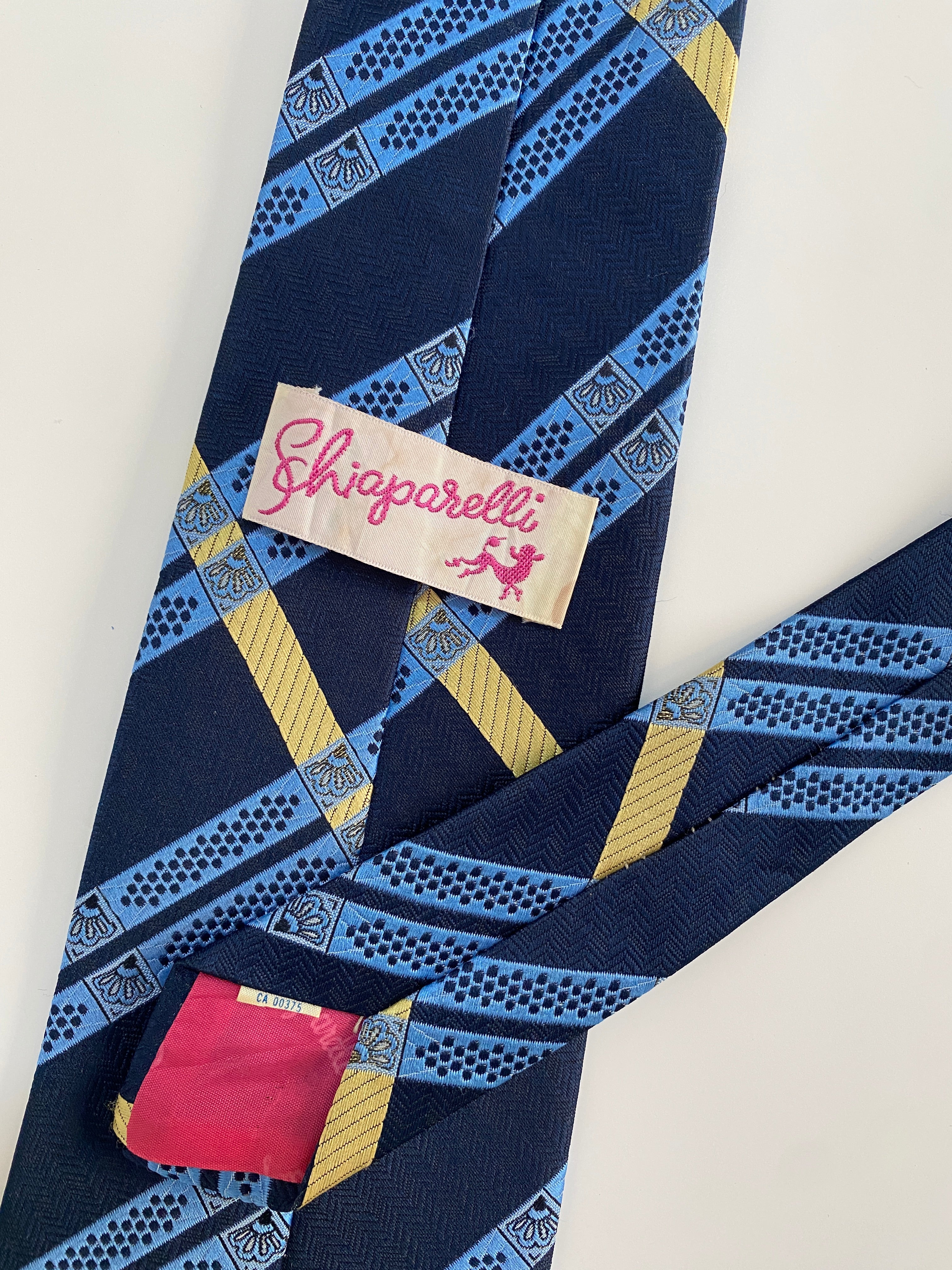 Vintage Schiaparelli Tie Navy & Yellow Geometric Stripe Rare Designer Label Tie