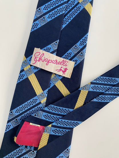 Vintage Schiaparelli Tie Navy & Yellow Geometric Stripe Rare Designer Label Tie
