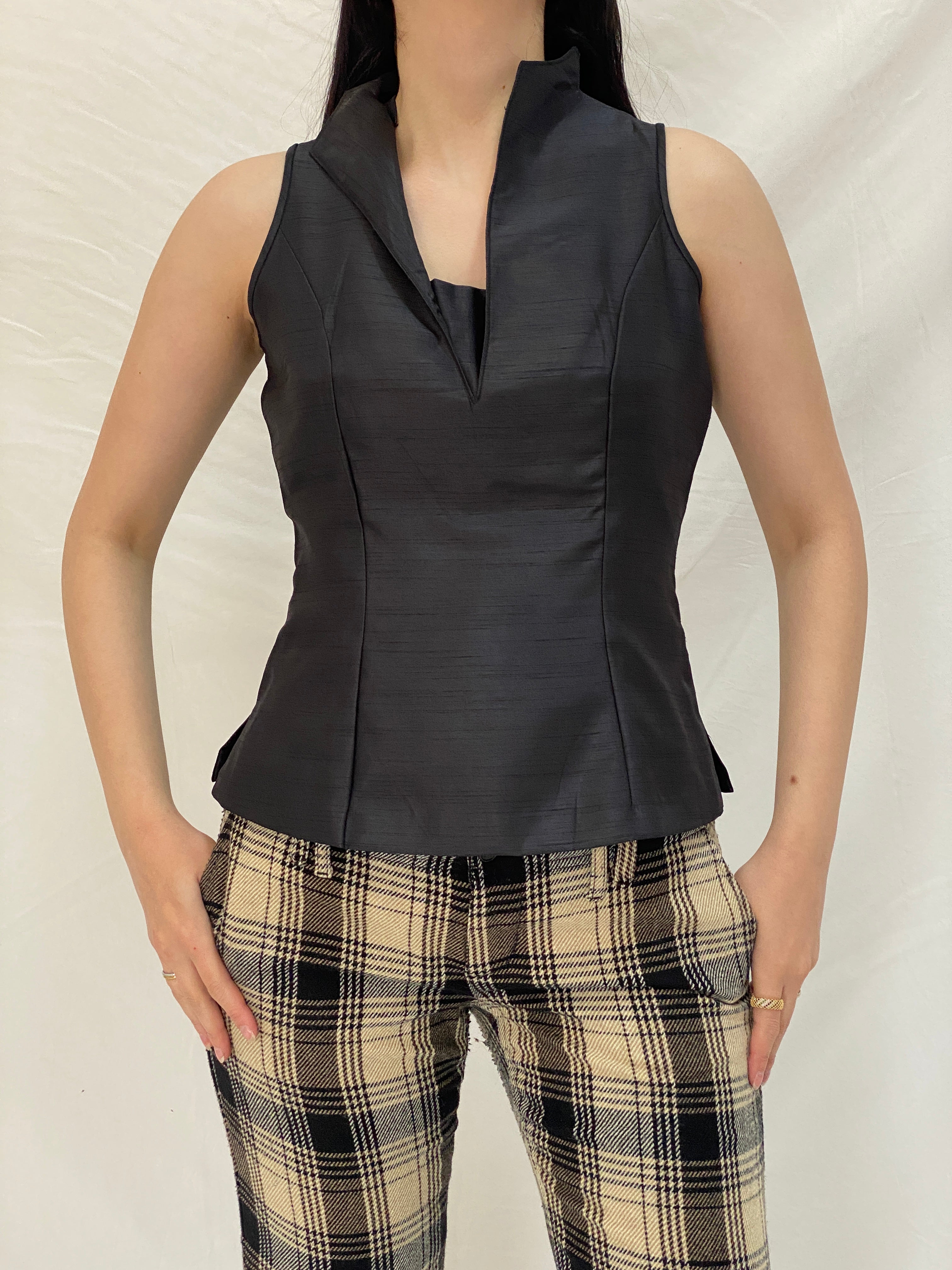 Vintage Handmade Black Satin Structured Sleeveless Tailored Top - S