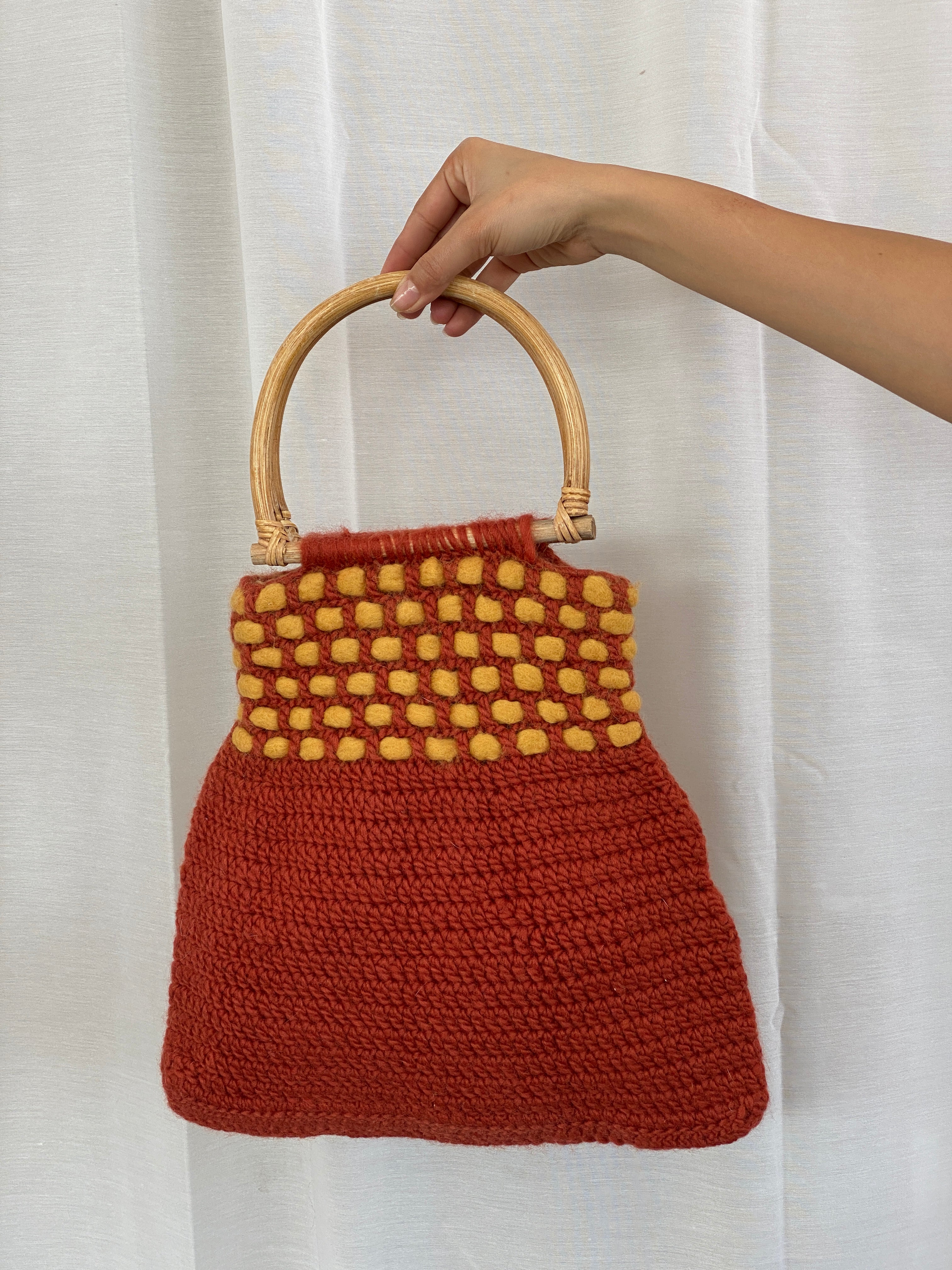 Vintage Orange Wool Crochet Wooden Handle Woven Beach Handbag