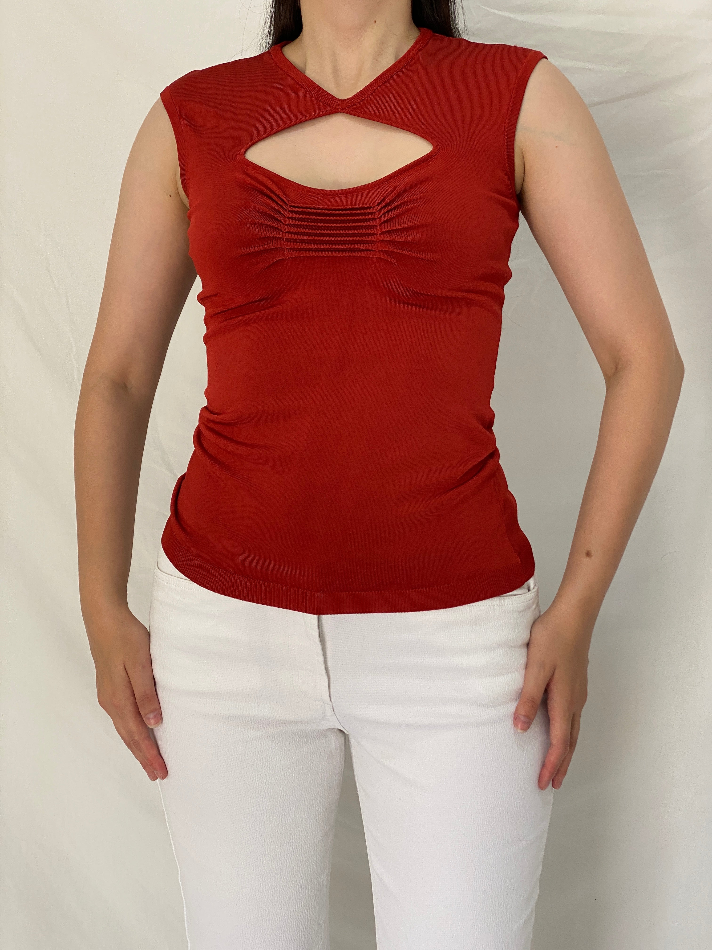 Vintage Y2K Cache Rust Red Rayon Blend Keyhole Knit Top – S