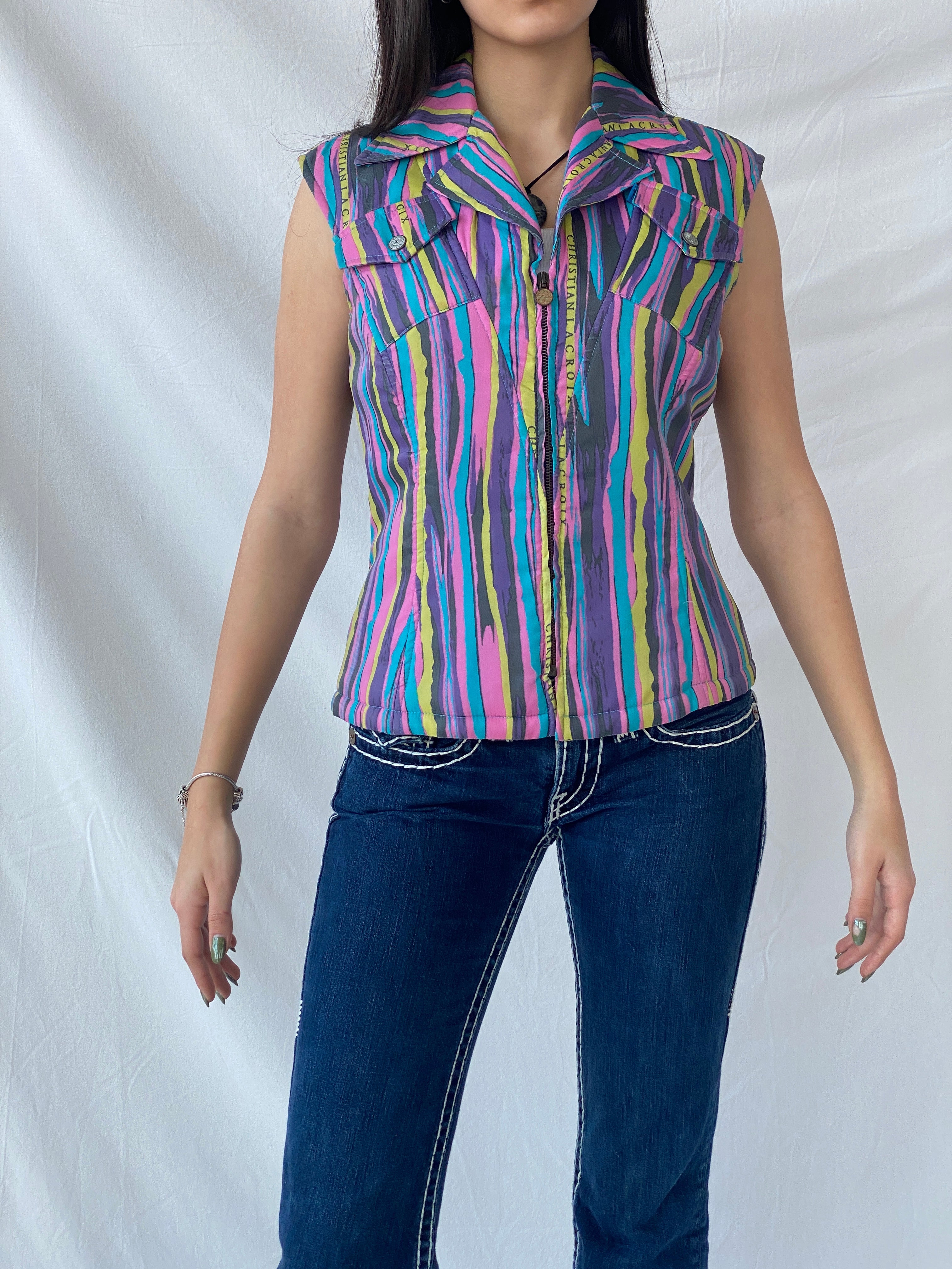 90s Vintage Christian Lacroix Fitted Zip Down Multicolored Vest - L