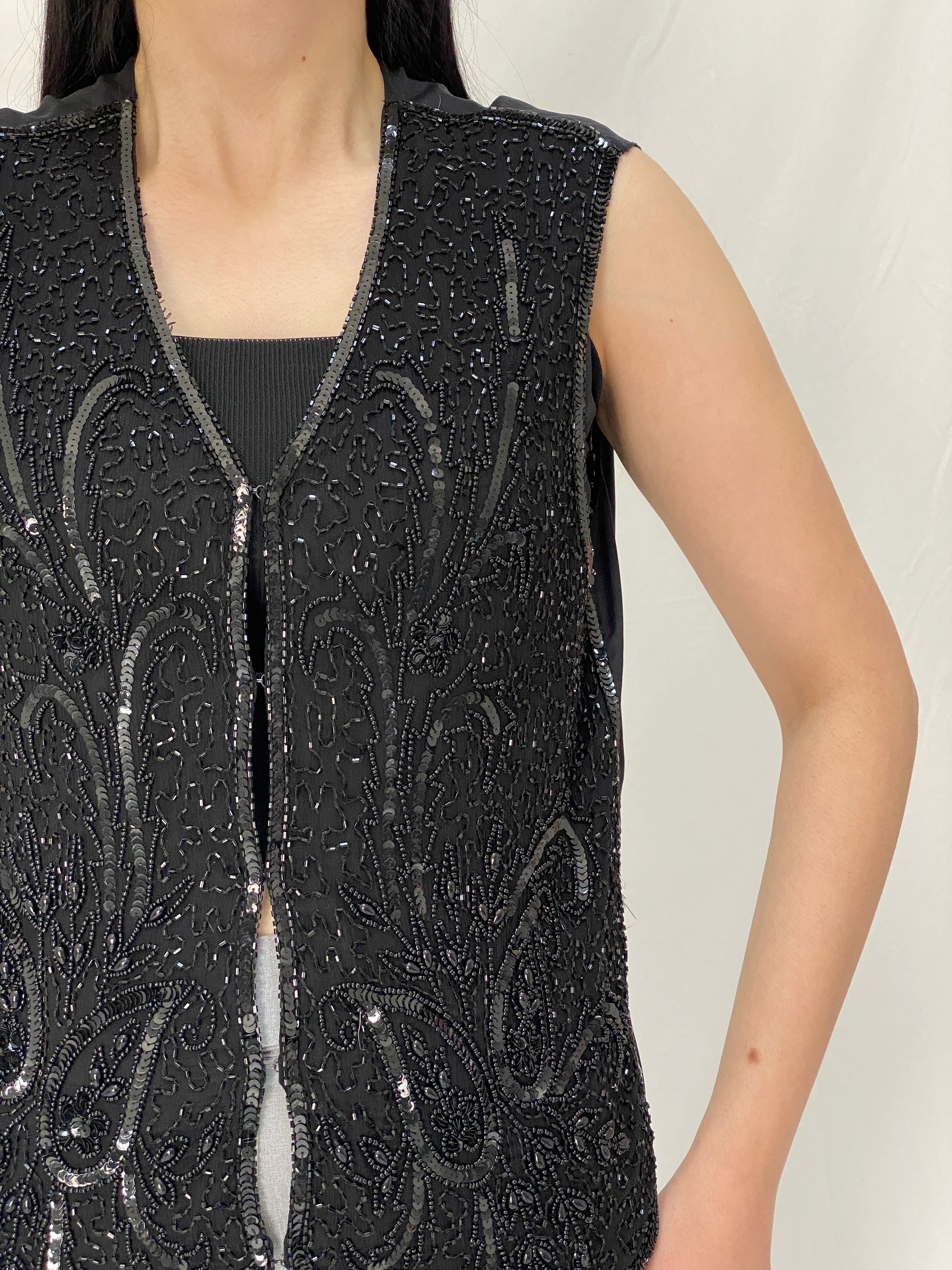 Vintage 90s Diamond Collection Black Beaded & Sequined Evening Silk Vest Art Deco Glam - L